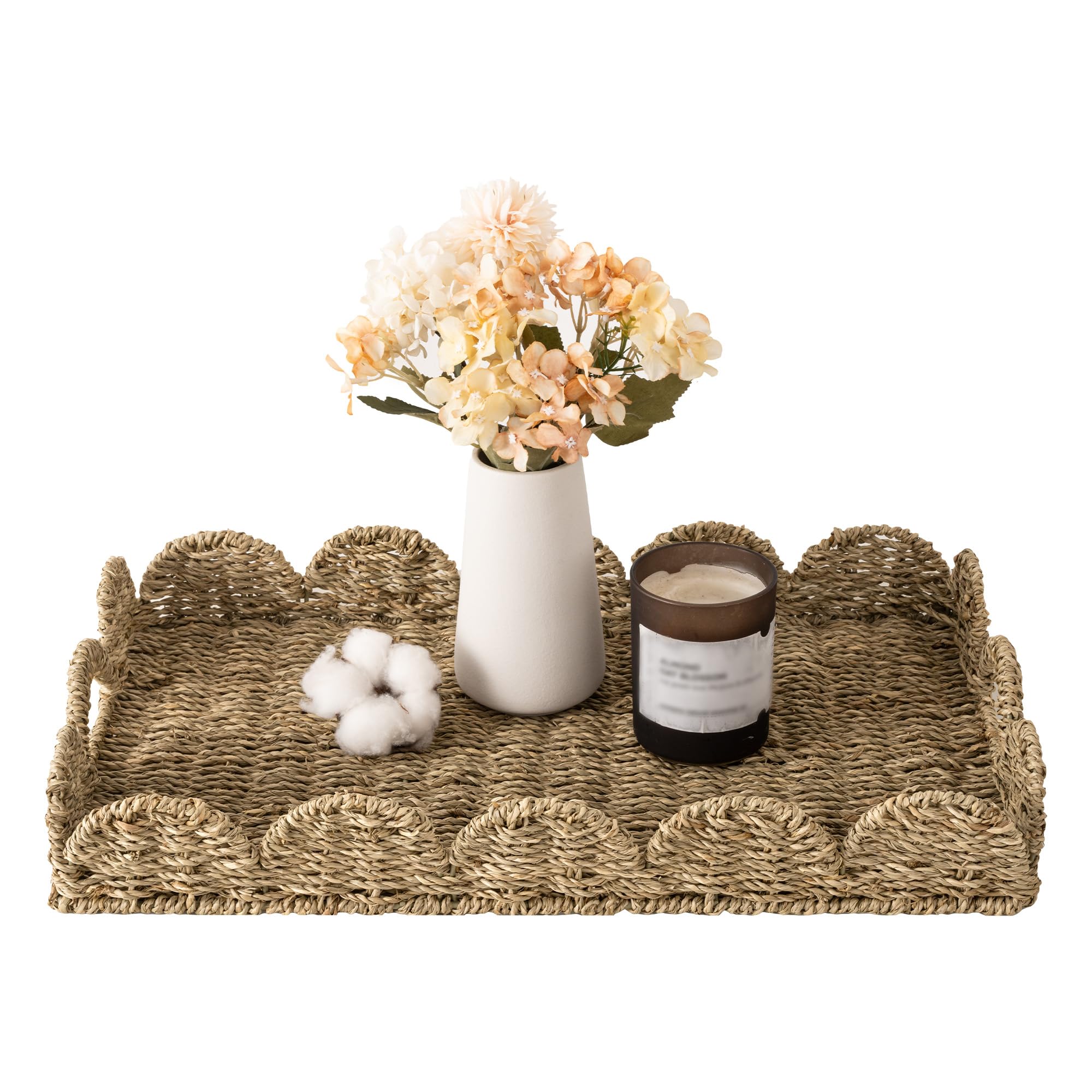 StorageWorks Large Wicker Scalloped Edge Serving Tray, Rectangle Tray with Built-in Handles, Hand-Woven Scalloped Rattan Tray, W