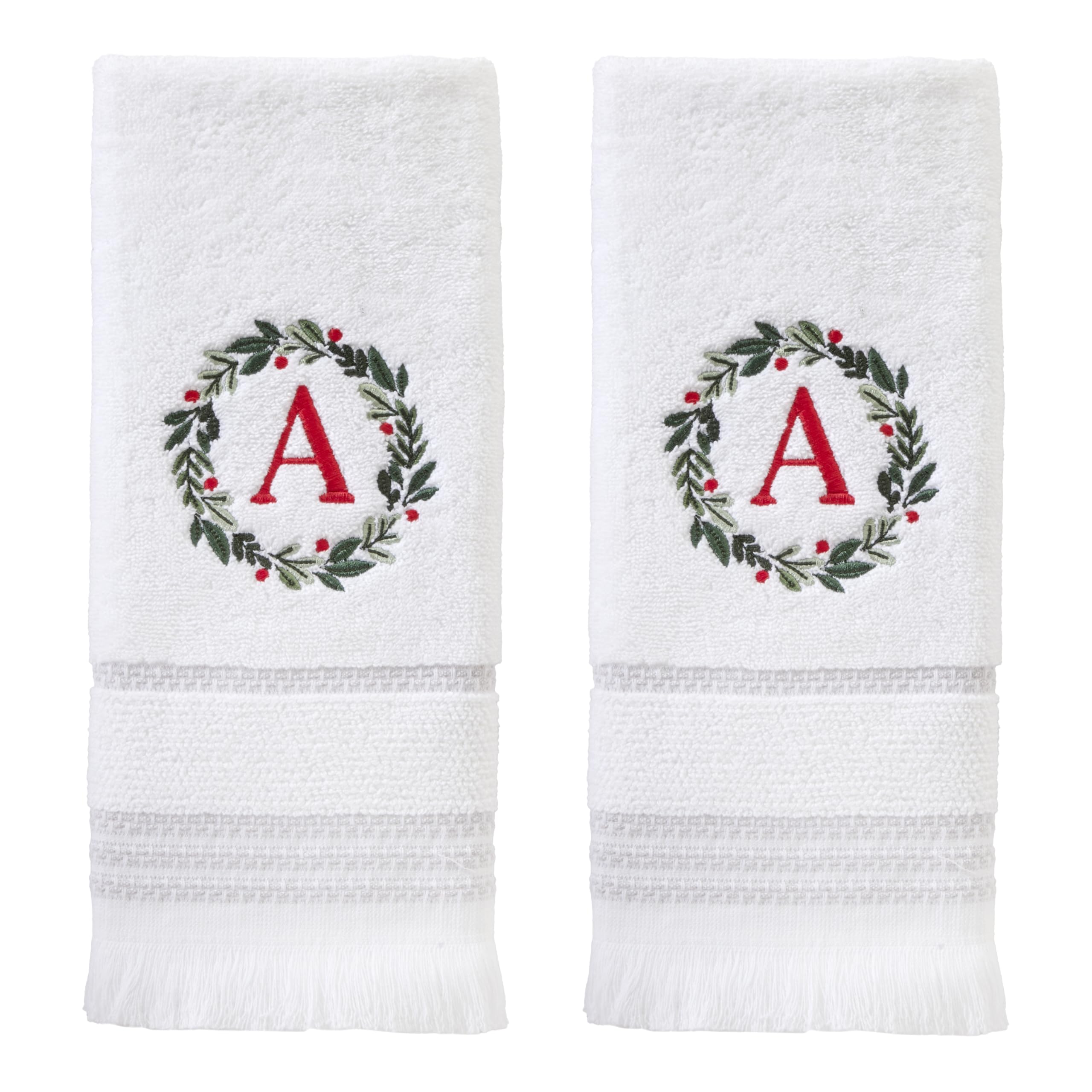 SKL Home Christmas/Winter Wreath Monogram Hand Towel A 2pc Set for Bath/Kitchen/Bar & Gift, White