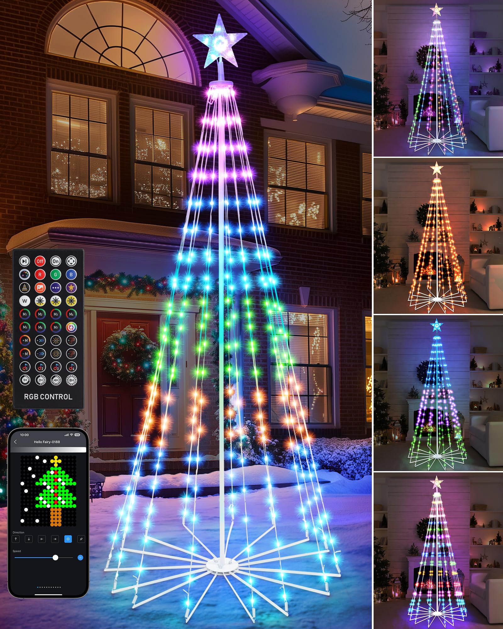 Brightever 8FT 355 LED Smart Cone Christmas Tree, Outdoor Prelit Christmas Tree with 16 Million DIY RGB LED Light Show, Remote A