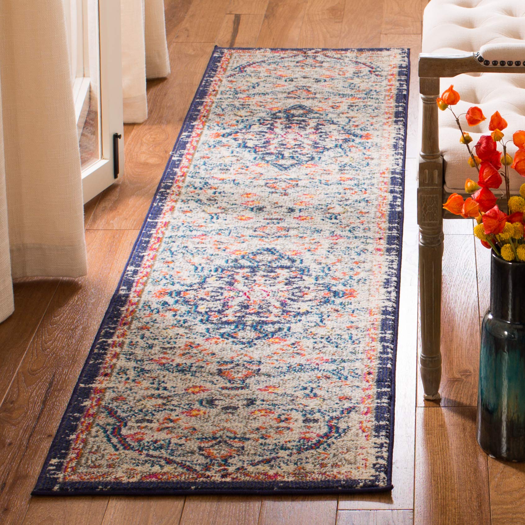 SAFAVIEH Madison Collection Runner Rug - 22 x 12, Beige & Black, Boho Chic Medallion Distressed Design, Non-Shedding & Easy Ca
