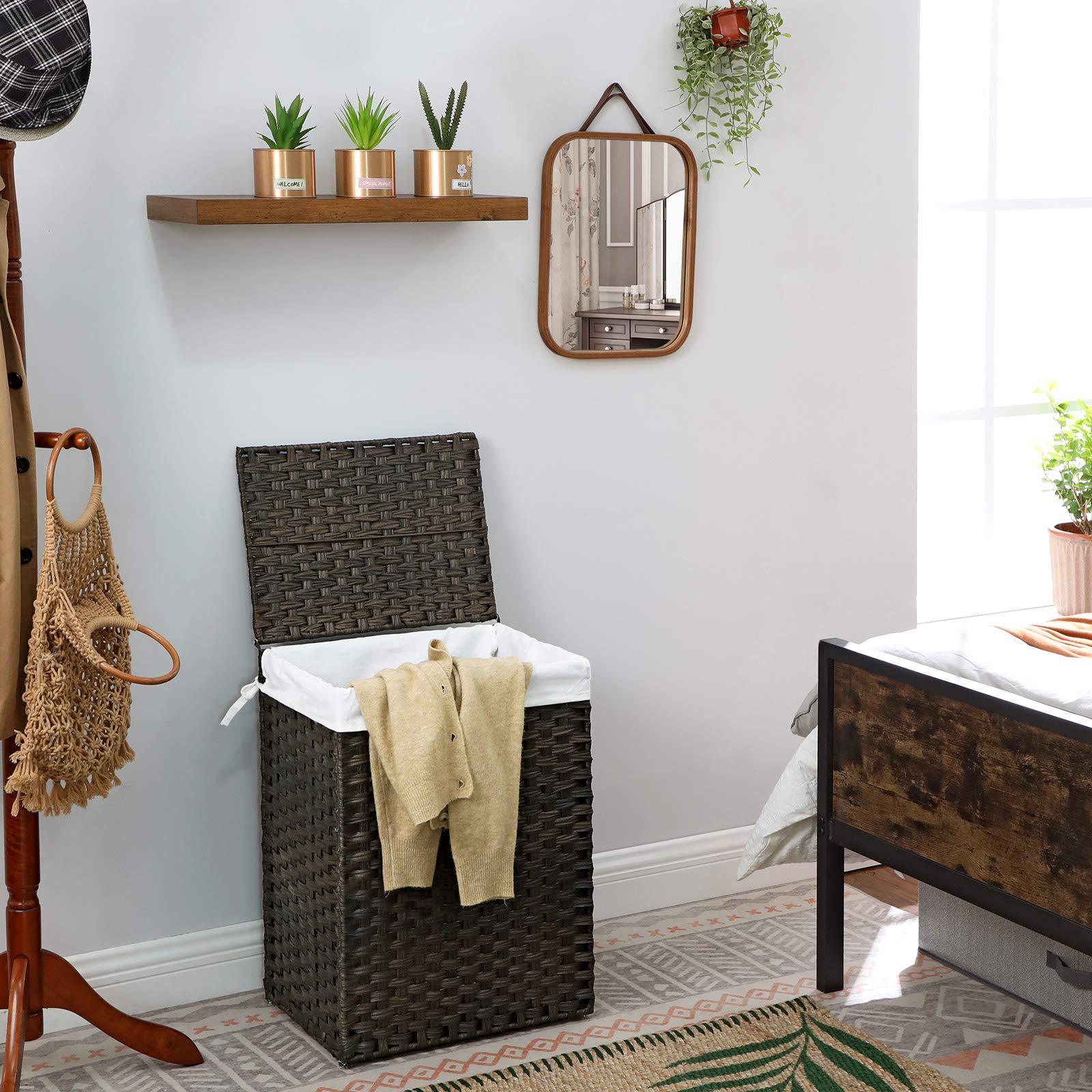 Songmics Laundry Hamper With Lid, 23.8 Gallon (90 L) Synthetic Rattan Clothes Laundry Basket With Lid And Handles, Foldable, Rem