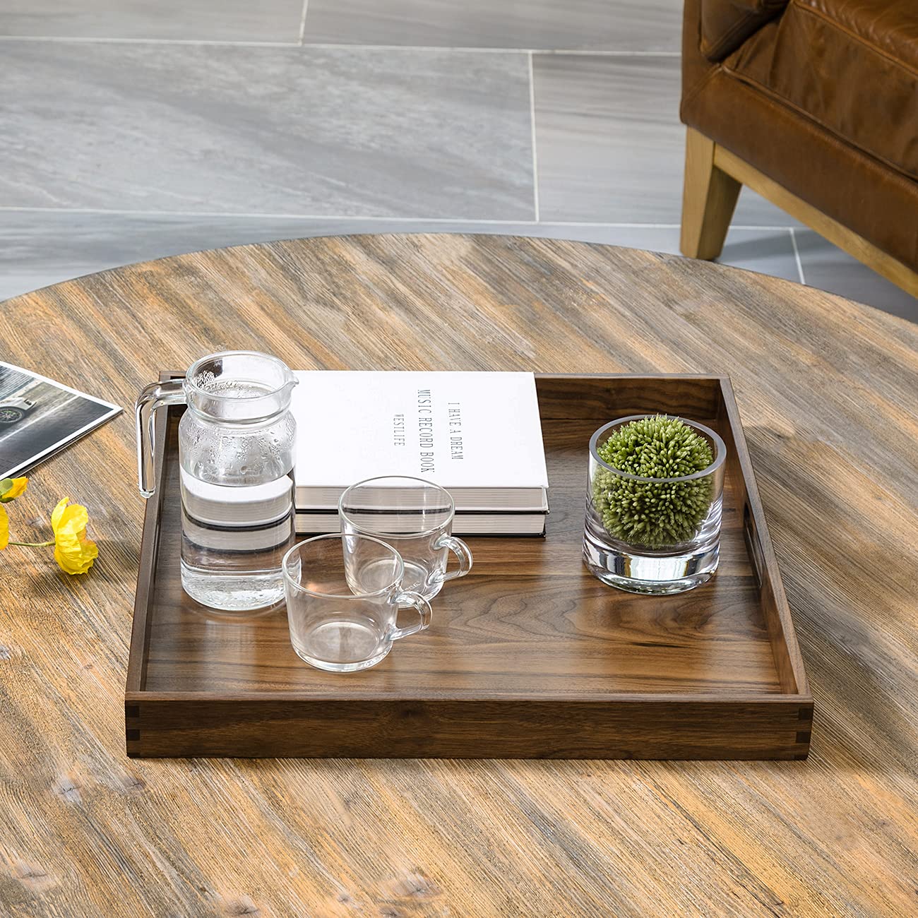 Kingcraft 19 X 19 Inches Black Walnut Large Ottoman Tray Wooden Table Tray Square Solid Serving Tray With Handles Platter Decora