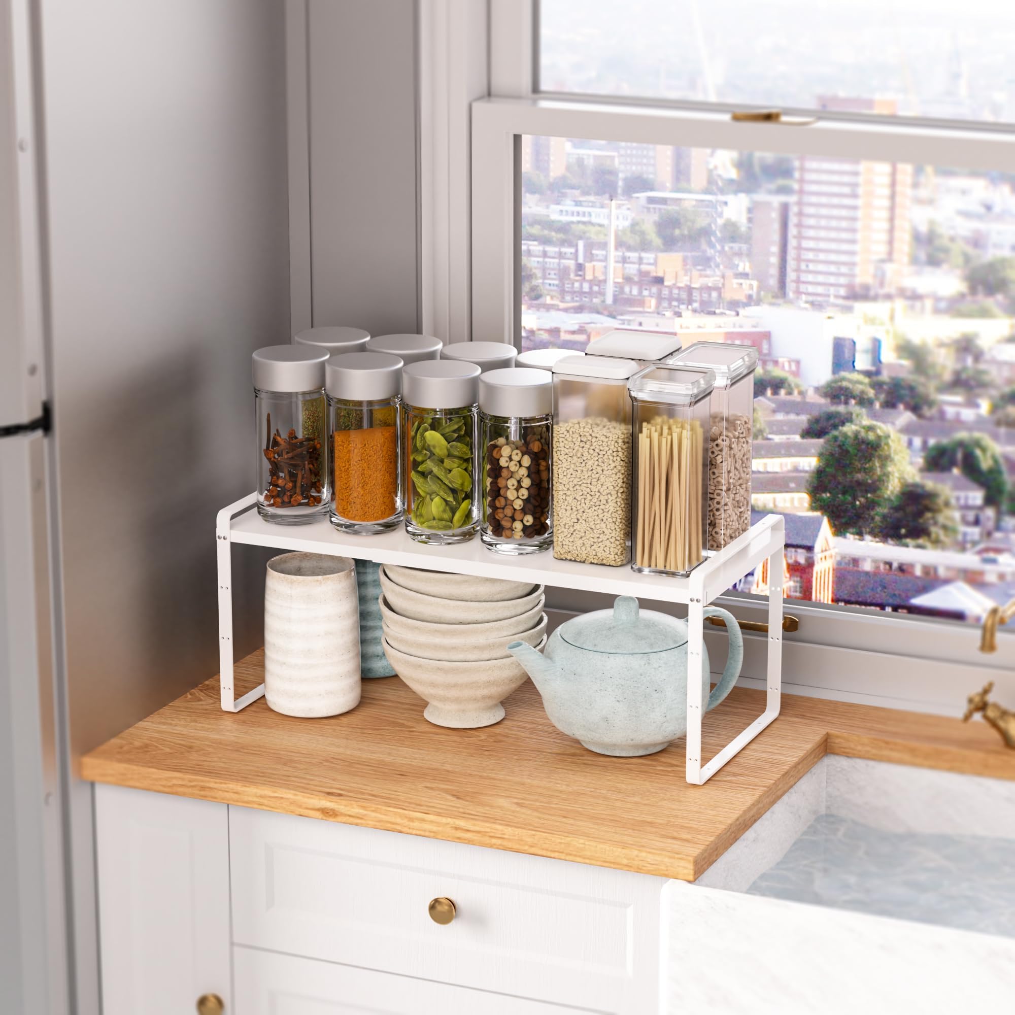 SANNO Expandable Kitchen Shelf Organizers, Large Kitchen Cupboard Organizer Stackable Counter Shelf Spice Rack Expandable Shelve