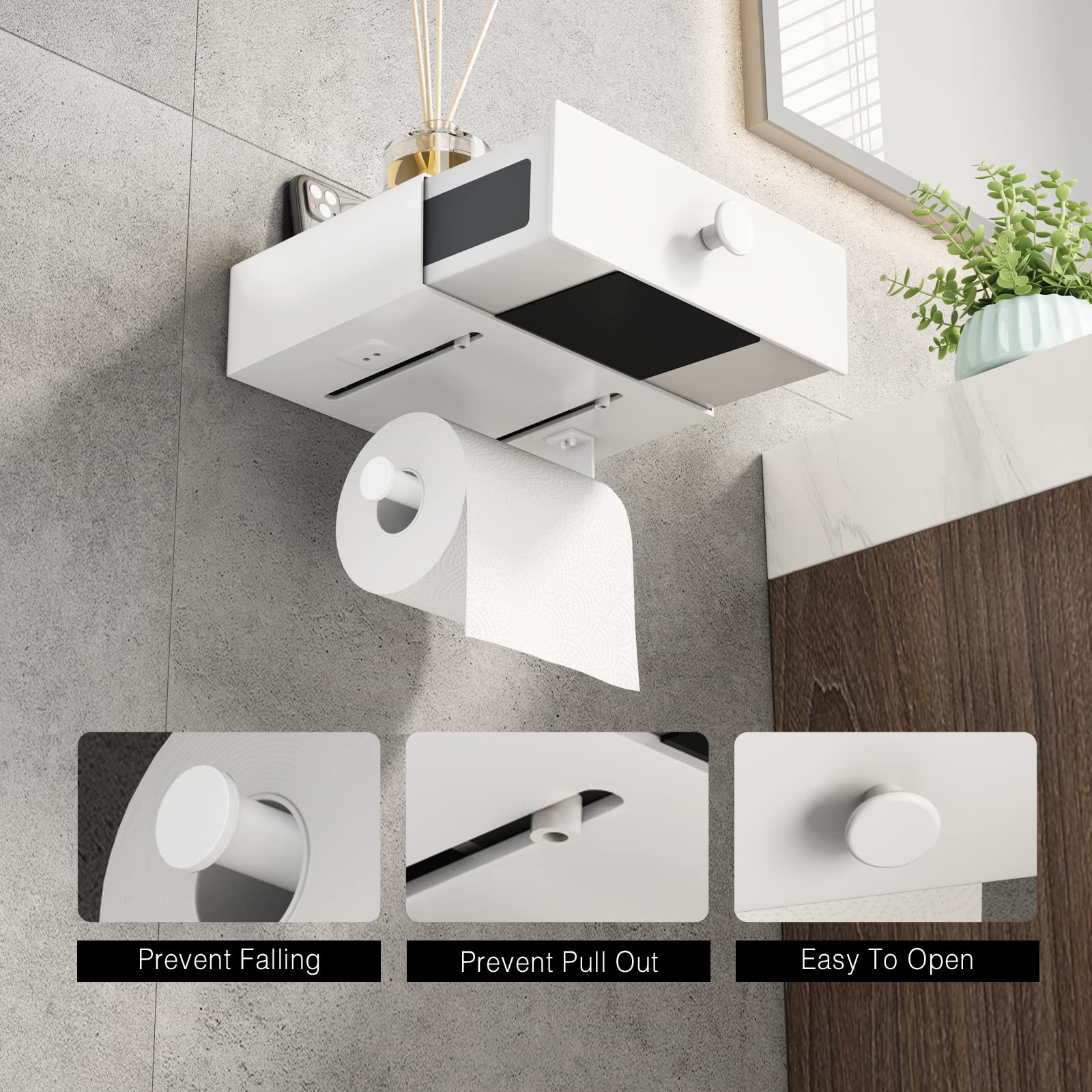 Toilet Paper Holder with Shelf VOLDRA Toilet Paper Holder with Storage Wipes Dispenser for Bathroom Toilet Tissue Holder-White