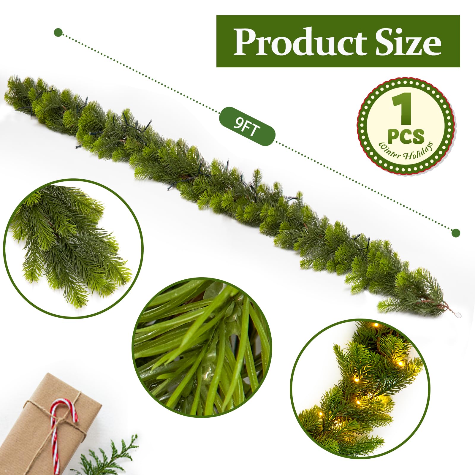 9FT Real Touch Norfolk Pine Christmas Garland with Light Winter Artificial Faux Greenery Garland Table Mantle Stairs Fireplace W