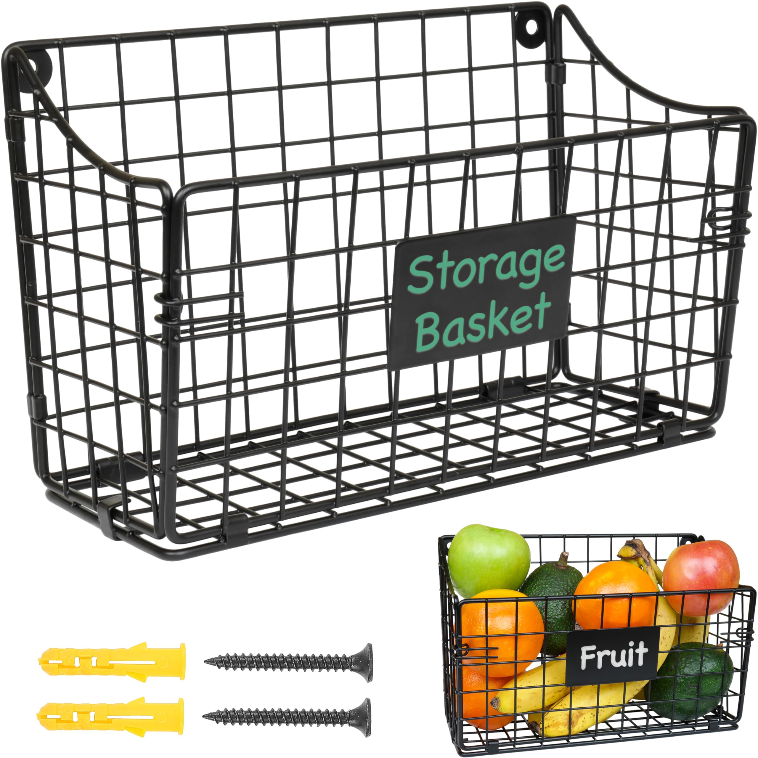 PriZoi Wall Mount Wire Basket  Metal Wall Mounted Basket for Storage, Hanging Wall Fruit Basket  Black