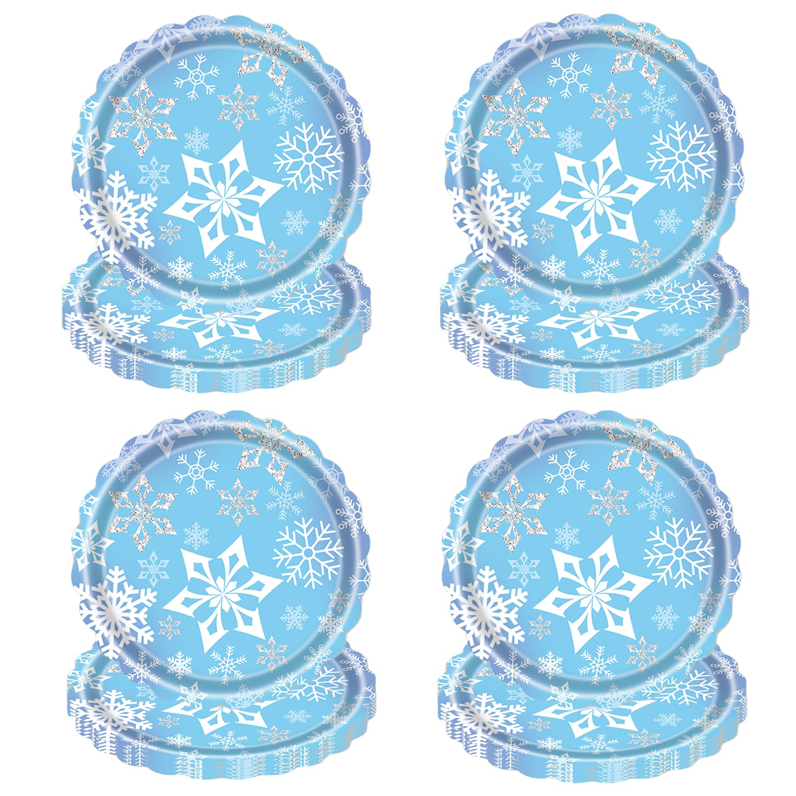 50PCS Winter Snowflake Themed Paper Plates - 7-Inch Scalloped Edge Plates with Blue Base & Purple Rim, White & Silver Snowflake 