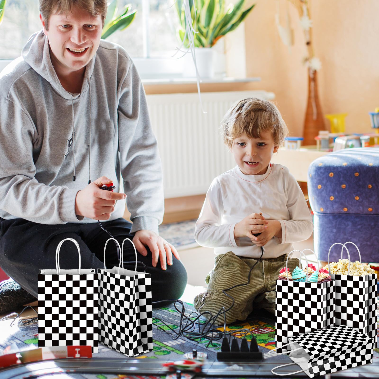 Epakh 32 Pcs Checkered Racing Treat Bags Race Car Party Favors Bag With Handles Black And White Checkered Racing Flag Candy Bags