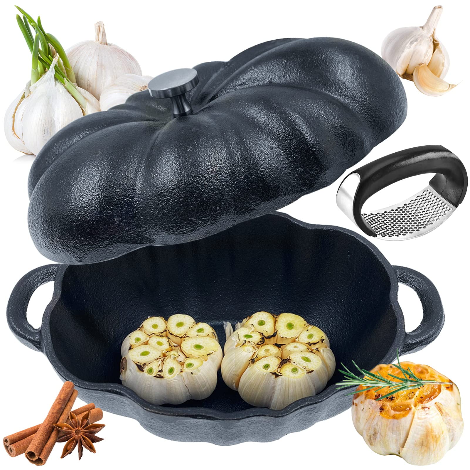 Aokdeer Garlic Roaster, Pre-Seasoned Cast Iron Garlic Roaster Oven Baker And Garlic Presses Set For Kitchen, Pumpkin Soup Pot Ca