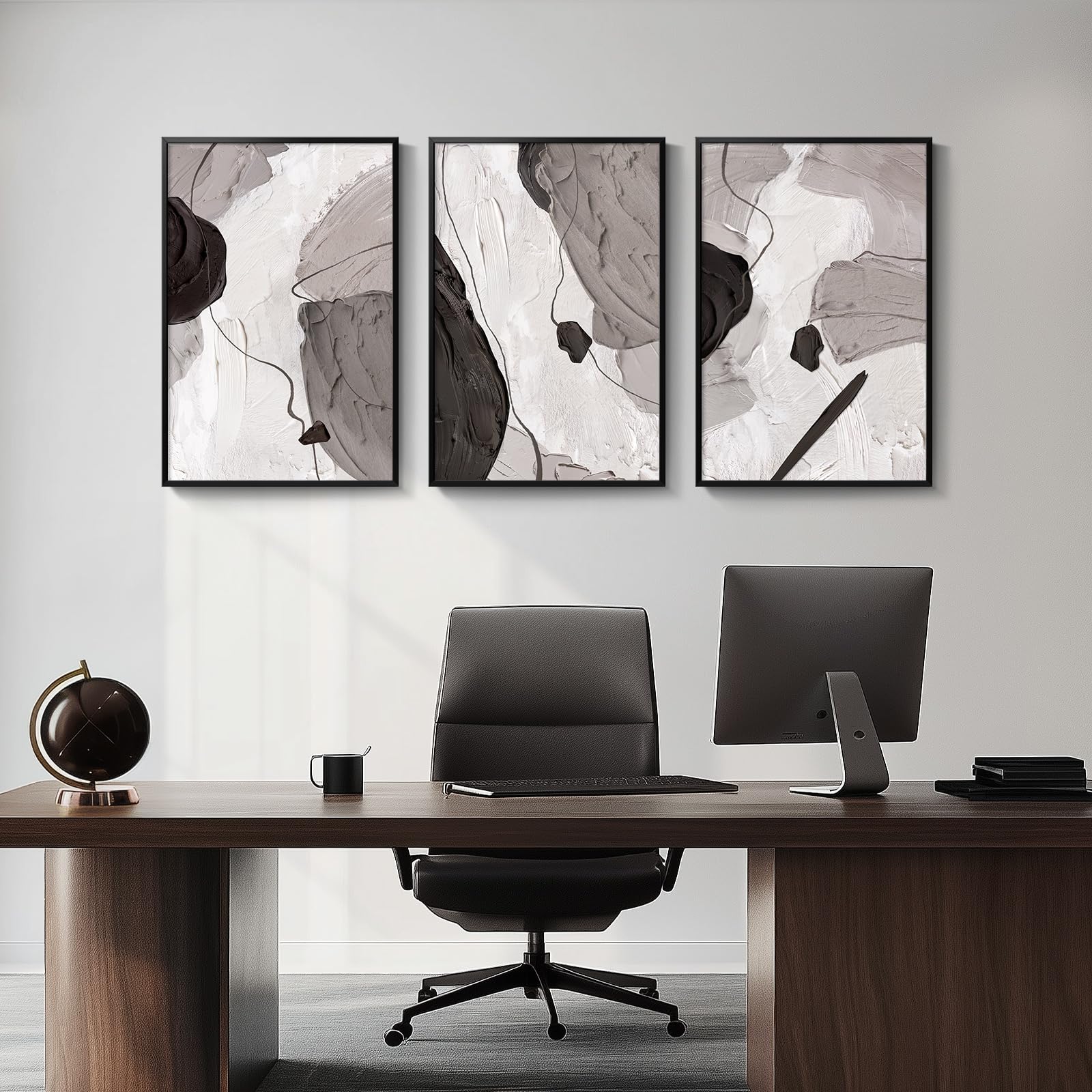 Large Framed Black And White Gray Abstract Canvas Wall Art, Set Of 3 Piece Contemporary Paintings Artwork For Walls, Modern Mini