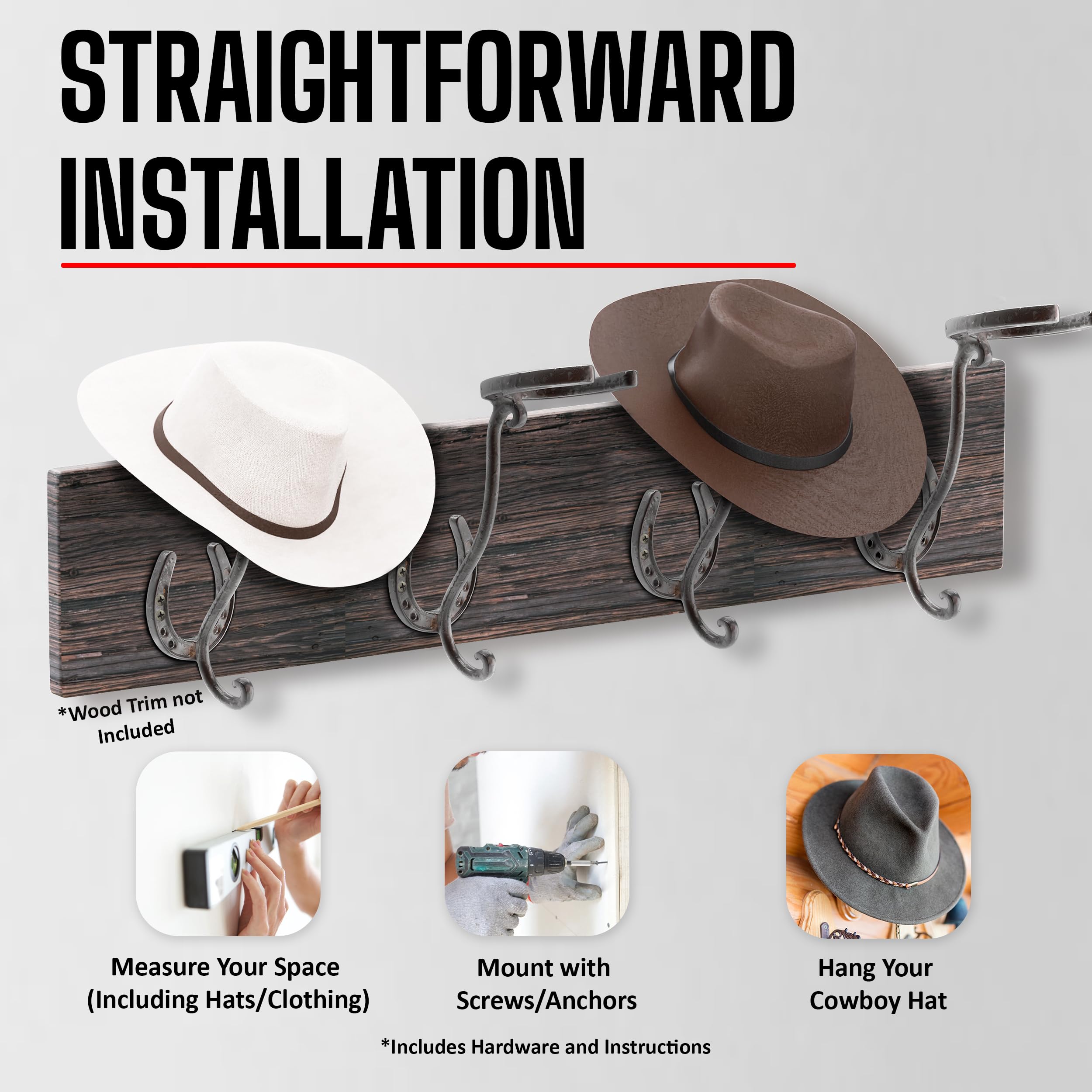 A.J. Boone Cowboy Hat Rack - Set Of 2 Decorative Wall-Mounted Holder - Heavy-Duty Iron Hanger And Organizer Diy Kit For Hats, Co