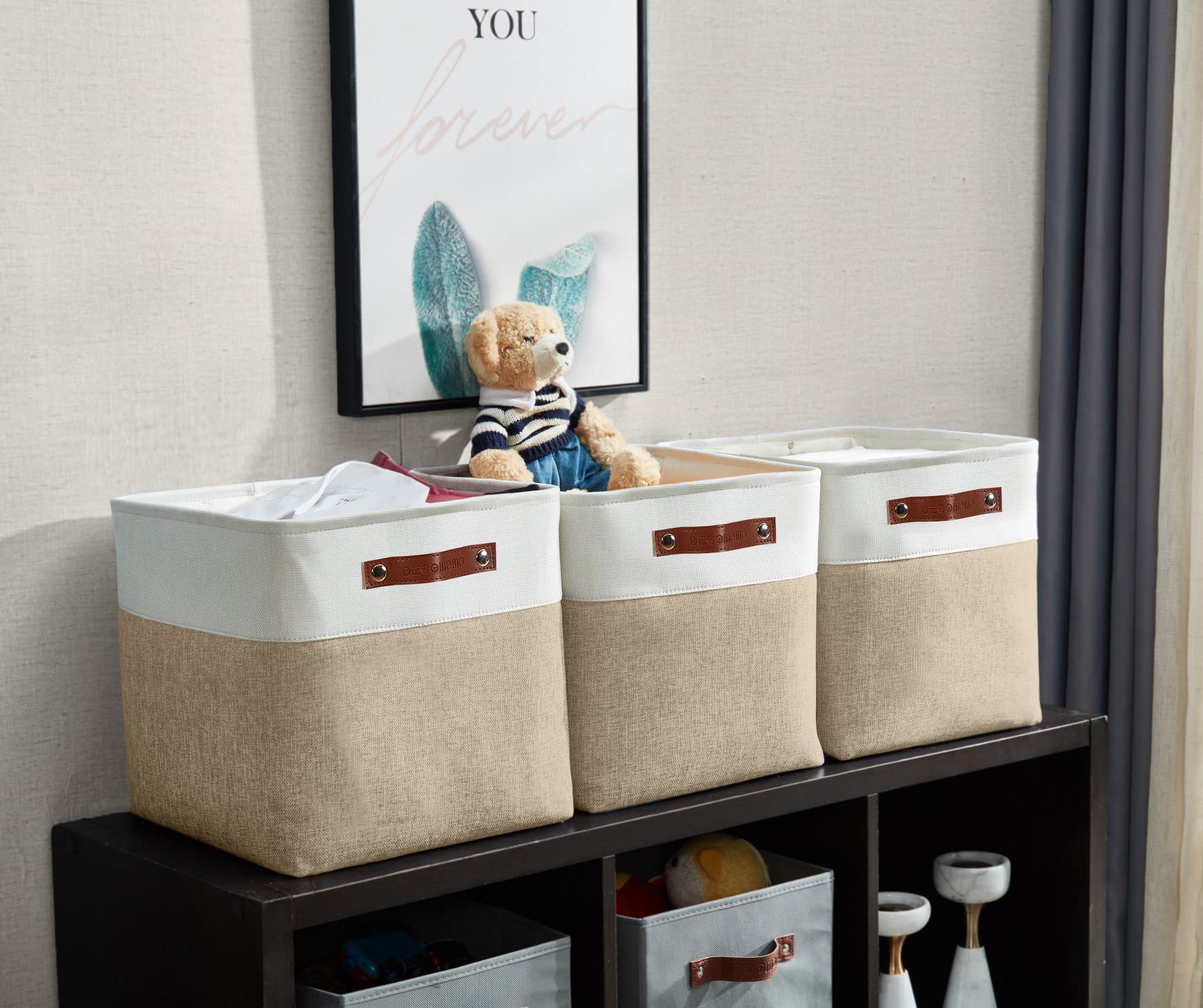 DECOMOMO Storage Cubes, 11x11 Cube Storage Bins, Baskets for Shelves (Beige & White, 4 Pack)