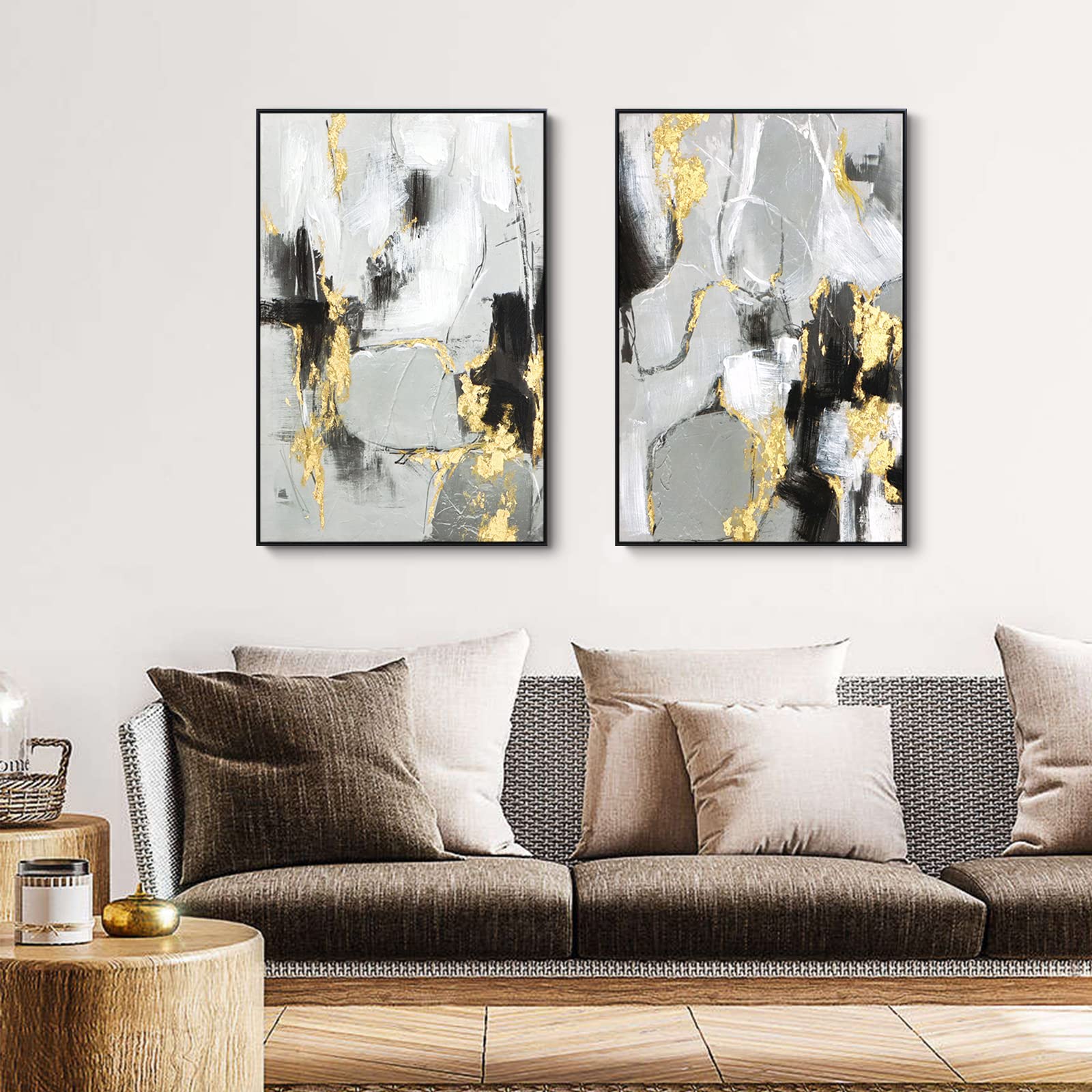 Zessonic Black And Gold Abstract Wall -Art Decor- 2 Pack 16'' X 24'' Black And White Canvas Wall Decor With Gold Foil For Living