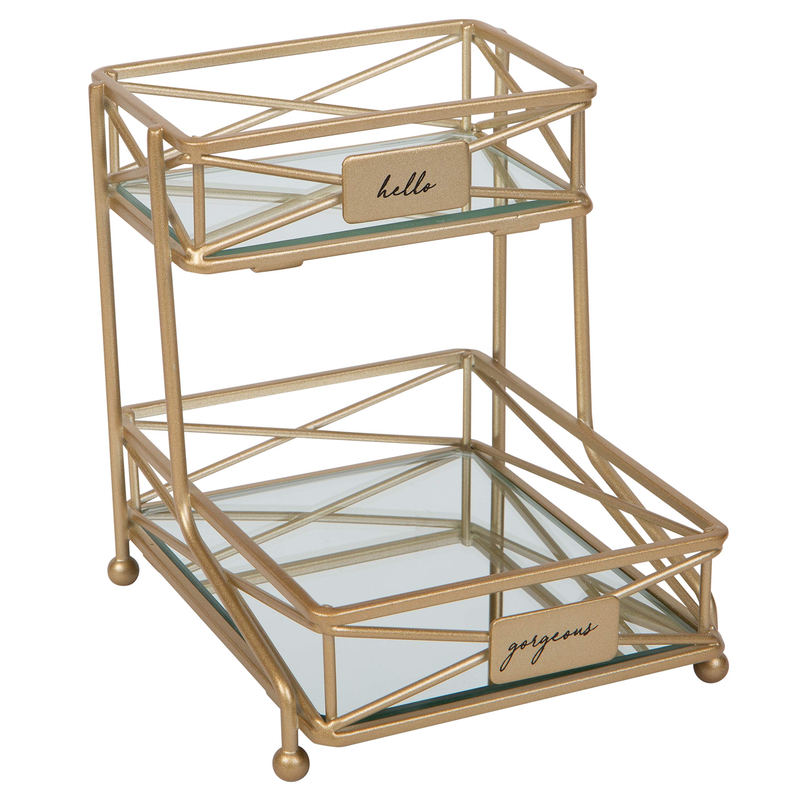 Home Details Satin Gold, Cosmetic Organizer, Bathroom, Jewelry, Perfume Storage, Stylish Decor 2 Tier Sleek Vanity Tower