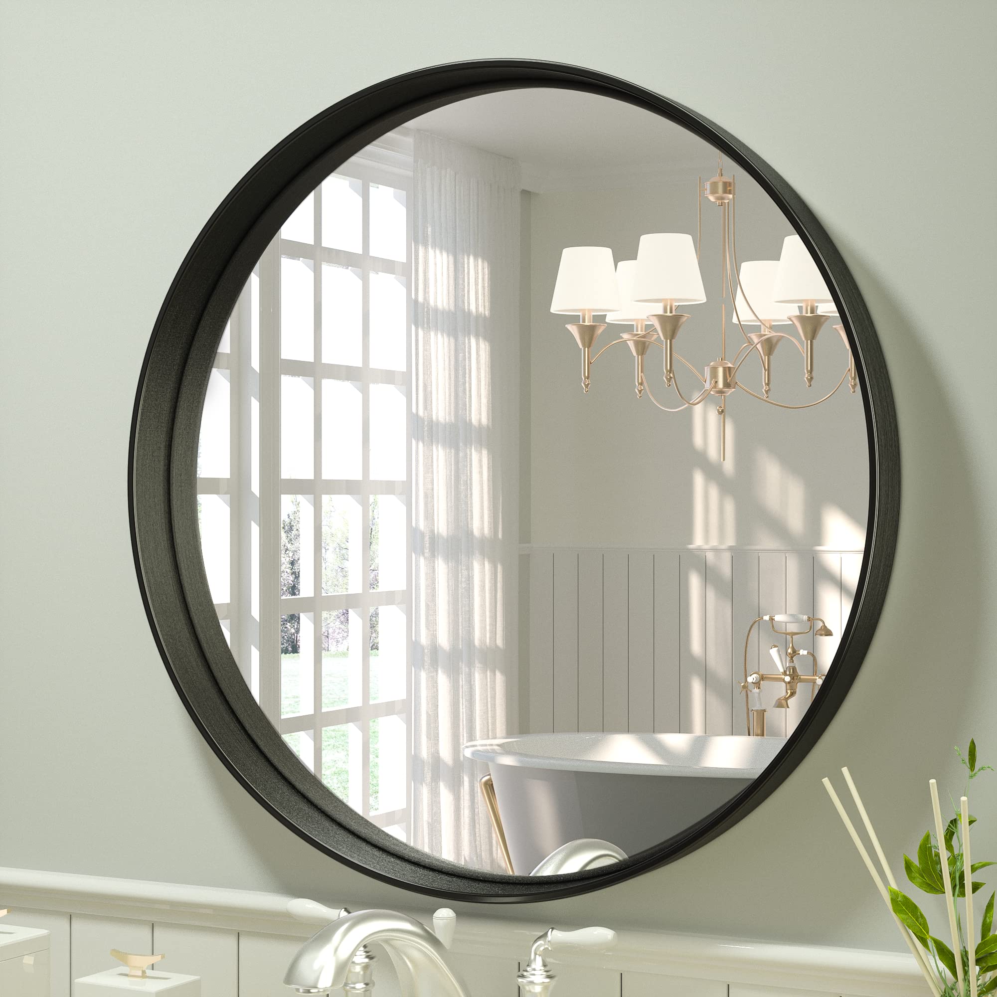 Tetote Black Round Mirror, 24 Inch Circle Mirrors For Bathroom, Matte Metal Framed Farmhouse Wall Mounted Decorative Modern Vani