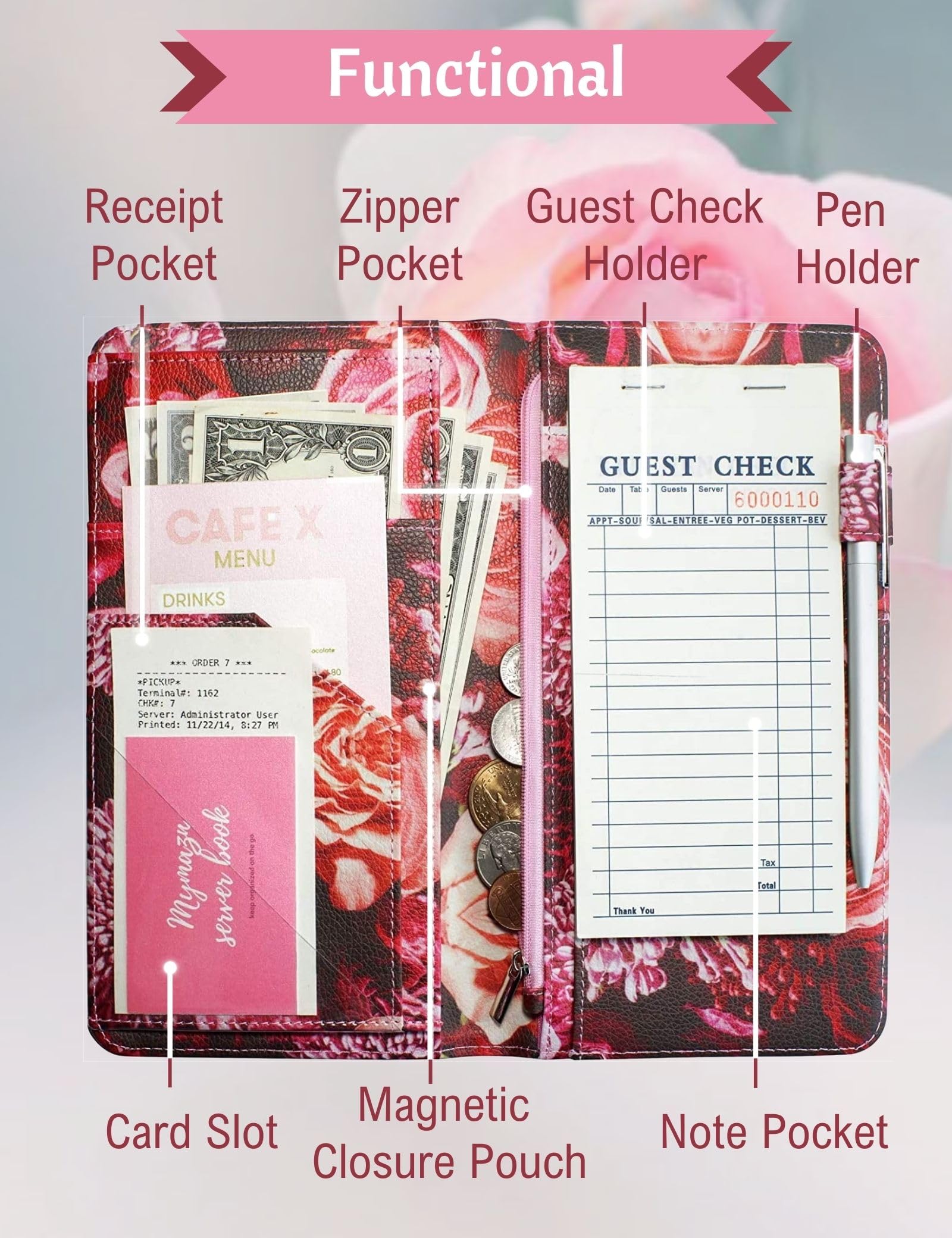 Server Book for Waitress with Zipper and Magnetic Pocket 5'' X 9'' Rose Flower Waitress Book Red Waiter Book Wallet Restaurant Waitstaff Organizer Fit Server Apron with Money Pocket