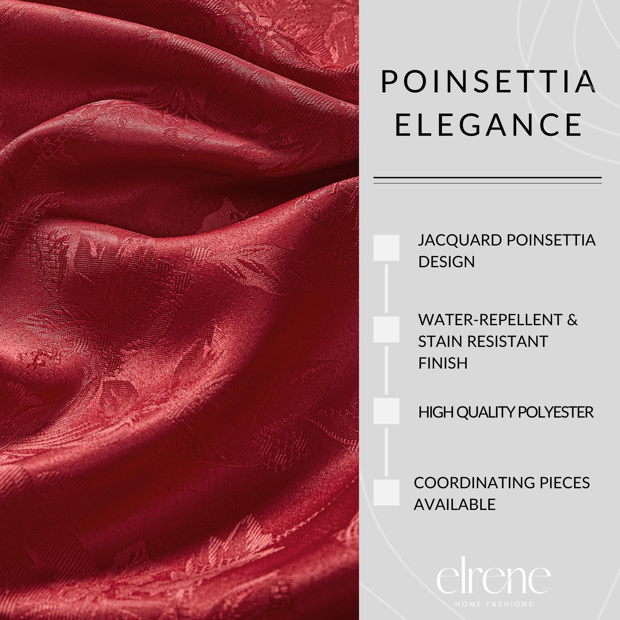 Elrene Home Fashions Poinsettia Elegance Jacquard Christmas/Holiday Rectangle Dining Placemat, Set Of 4, 13''X19'', Red