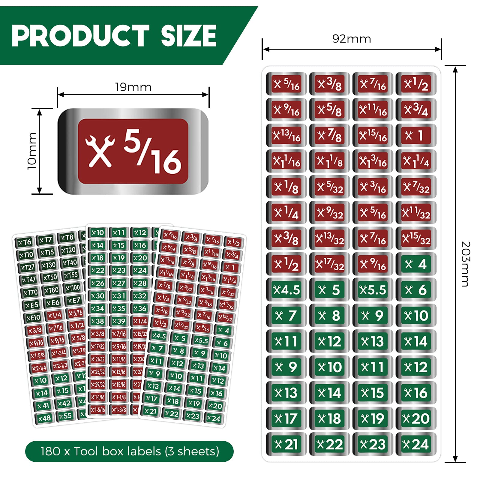 Tool Box Labels  180 Pieces  Toolbox Stickers and Decals Label  Wrench Size Labels  Chrome Socket Labels  Socket Size Stickers  Chrome Foil Labeling Set for Socket Sets Tools  3 Colors