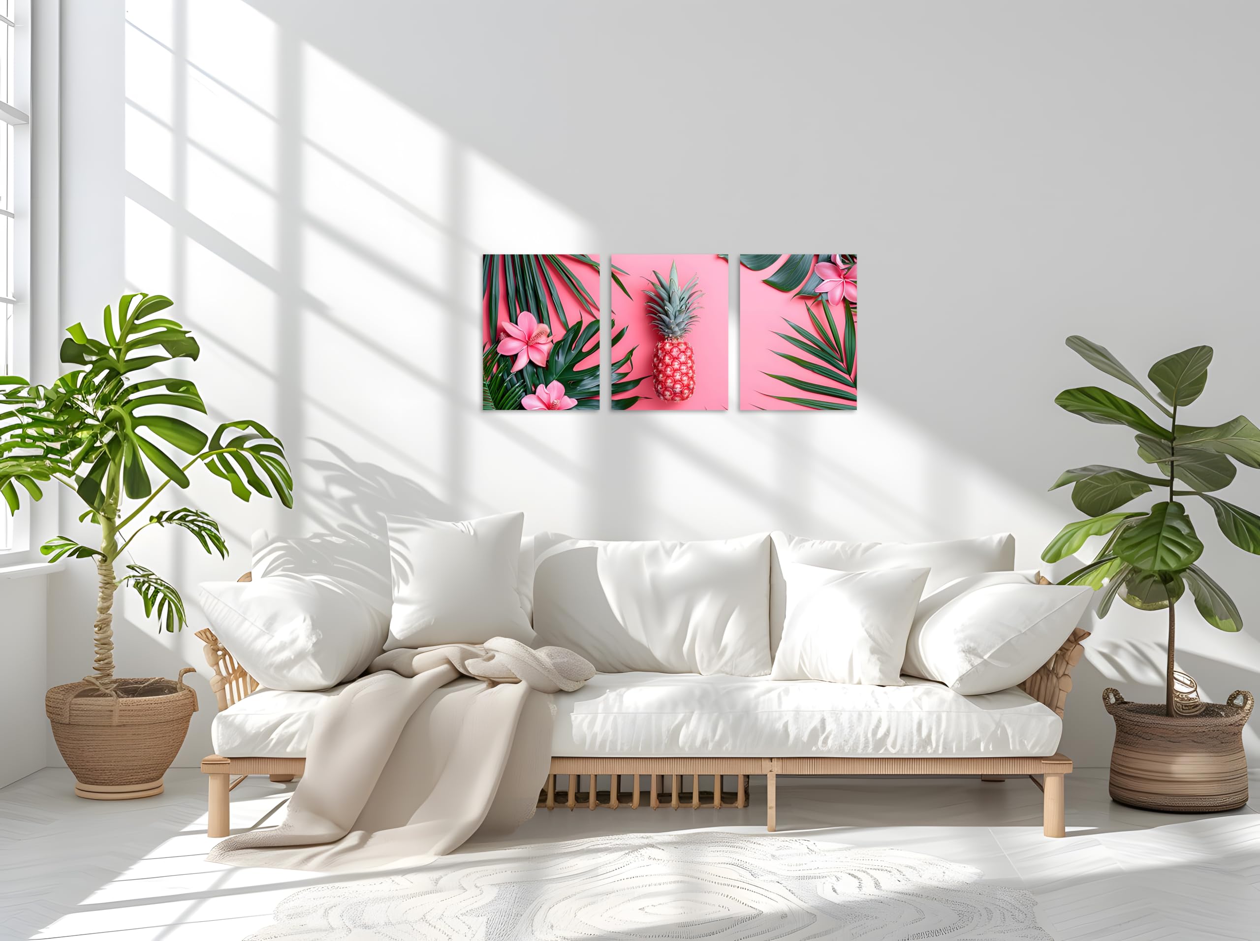 Tutubeer 3 Pcs Tropical Pictures Tropical Palm Leaves And Pink Pineapple Flower Picture Tropical Wall Art Canvas Green And Pink