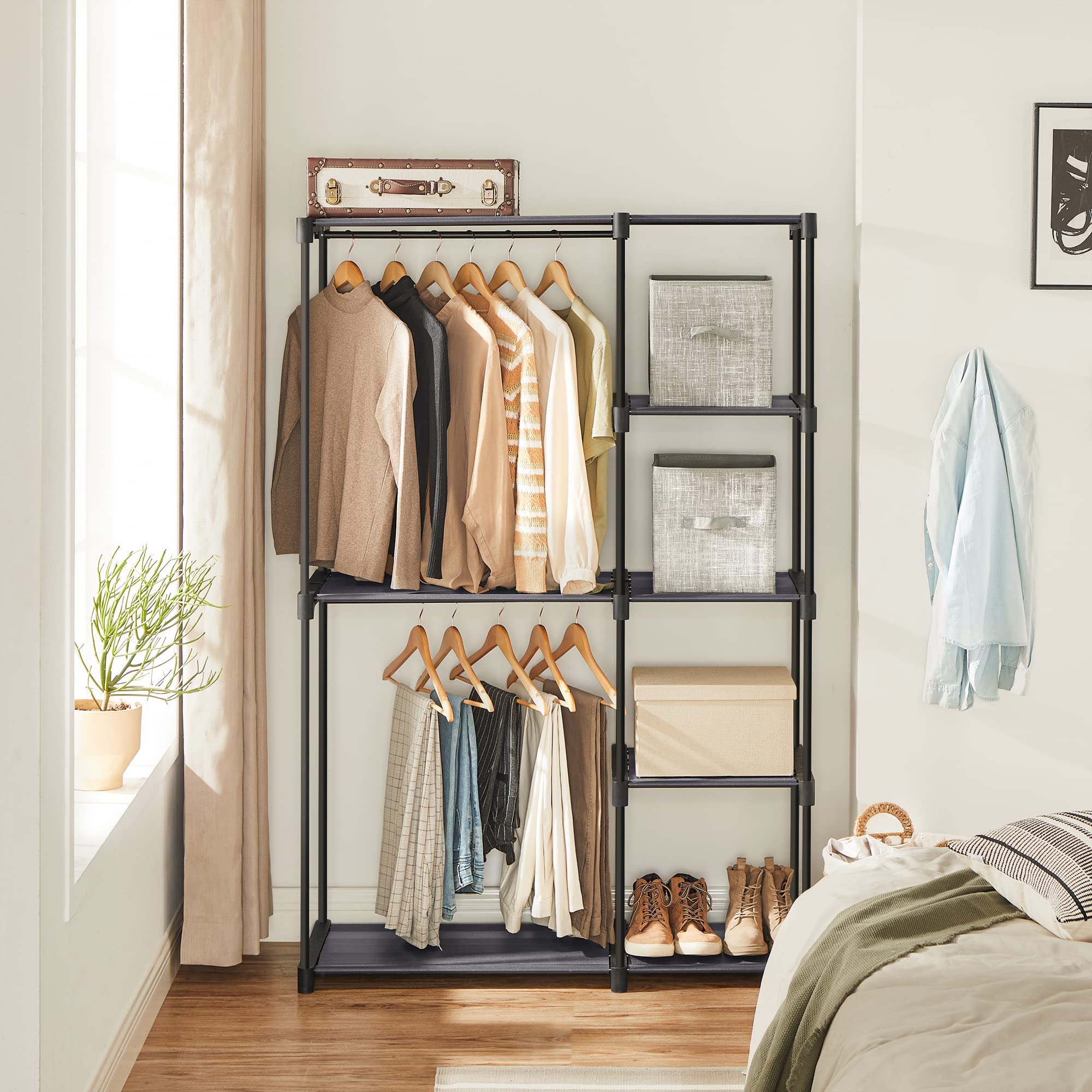 Songmics Freestanding Closet Organizer, Portable Wardrobe With 2 Hanging Rods, Clothes Rack, Storage Organizer, Cloakroom, Stabl