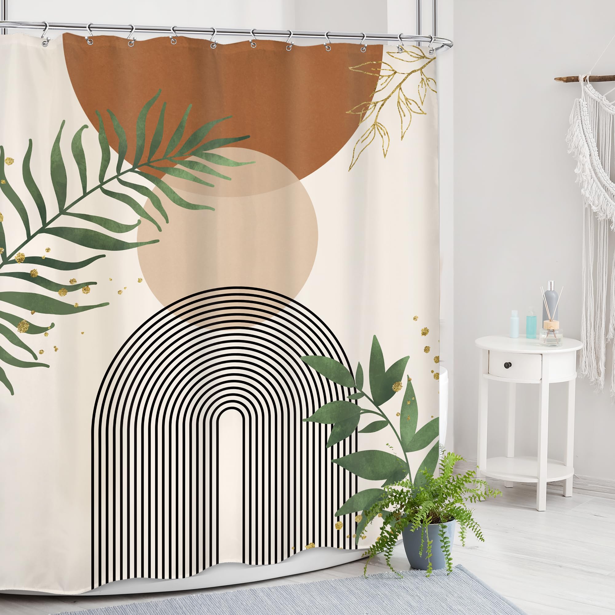 Mitpok Brown Boho Mid Century Shower Curtain 60Wx72H Abstract Gold Leaves Plant Modern Sun Minimalist Geometric Arch Art Line Ba