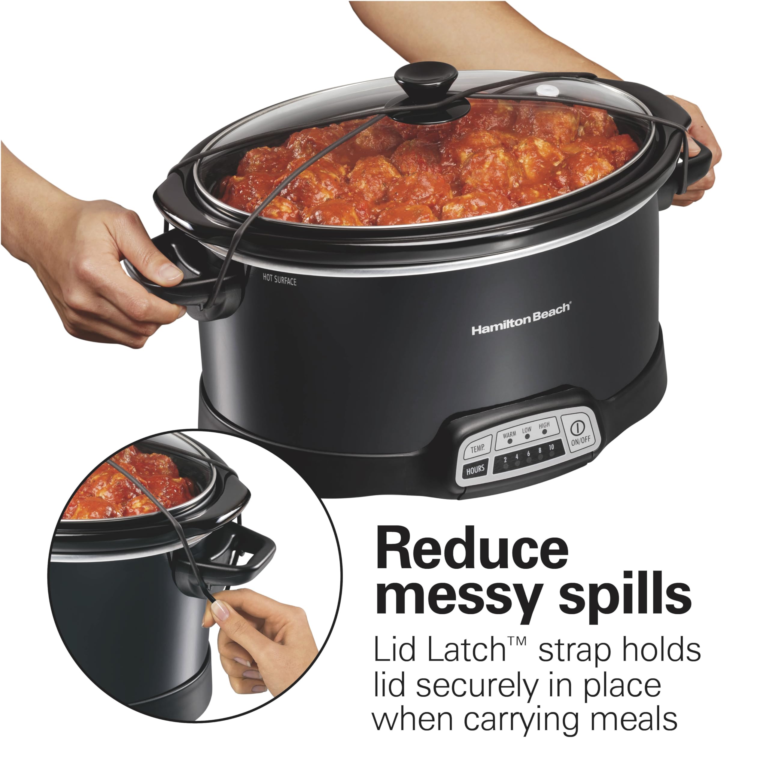 Hamilton Beach Portable 7 Quart Programmable Slow Cooker With Three Temperature Settings, Lid Latch Strap For Easy Travel, Dishw