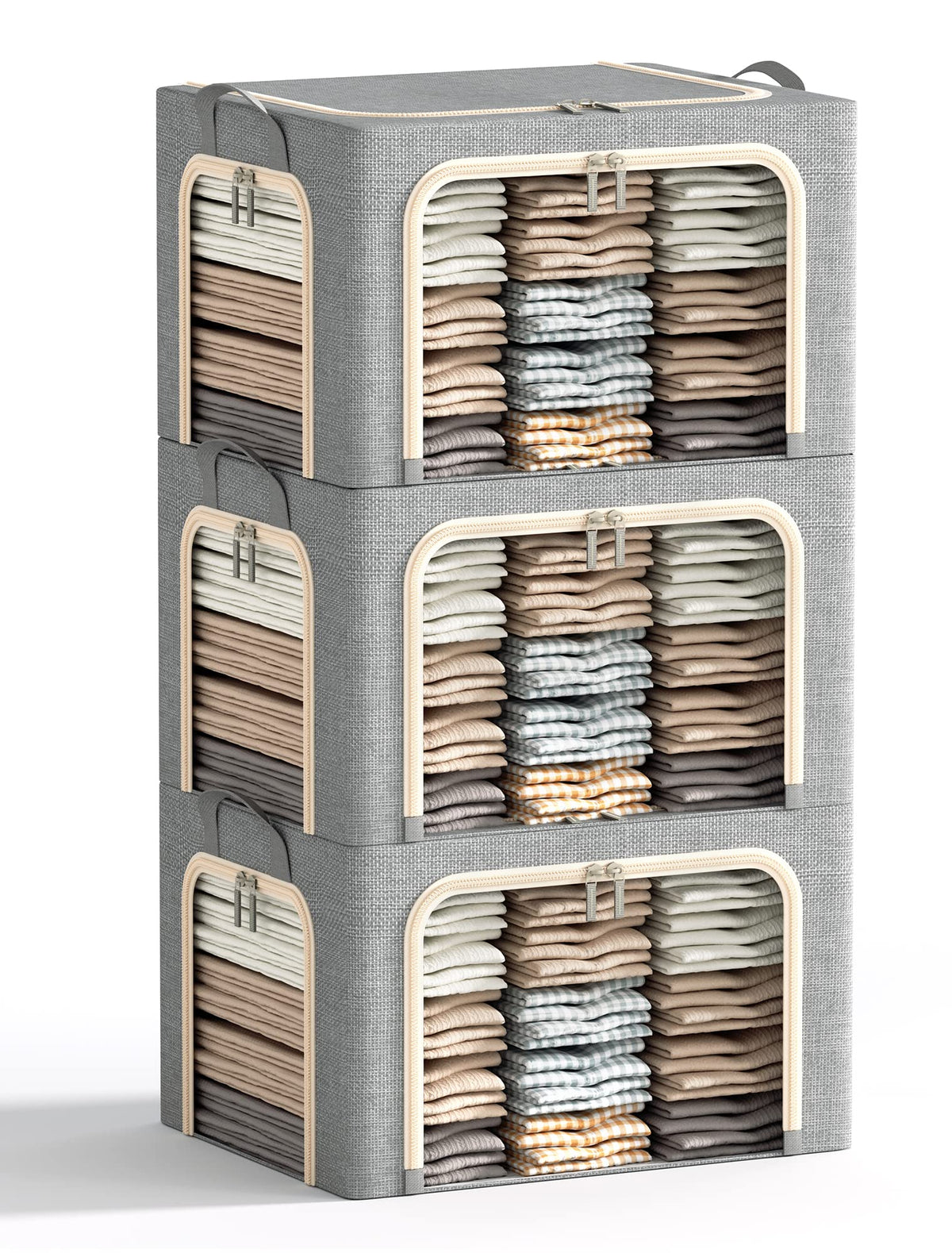 3 Opeings Large Clothes Storage Bins with Metal Frame, Foldable Storage Bin for Clothes, Clothing Storage Bins with Lid, Linen S