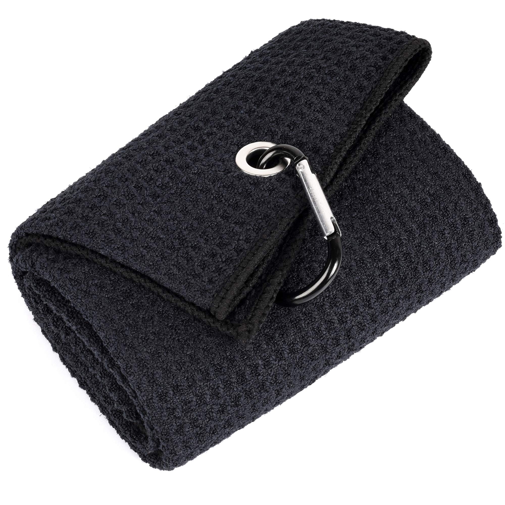 Mile High Life Tri-Fold Golf Towel  Premium Microfiber Fabric  Waffle Pattern  With Heavy Duty Carabiner Clip  Black Golf Towel