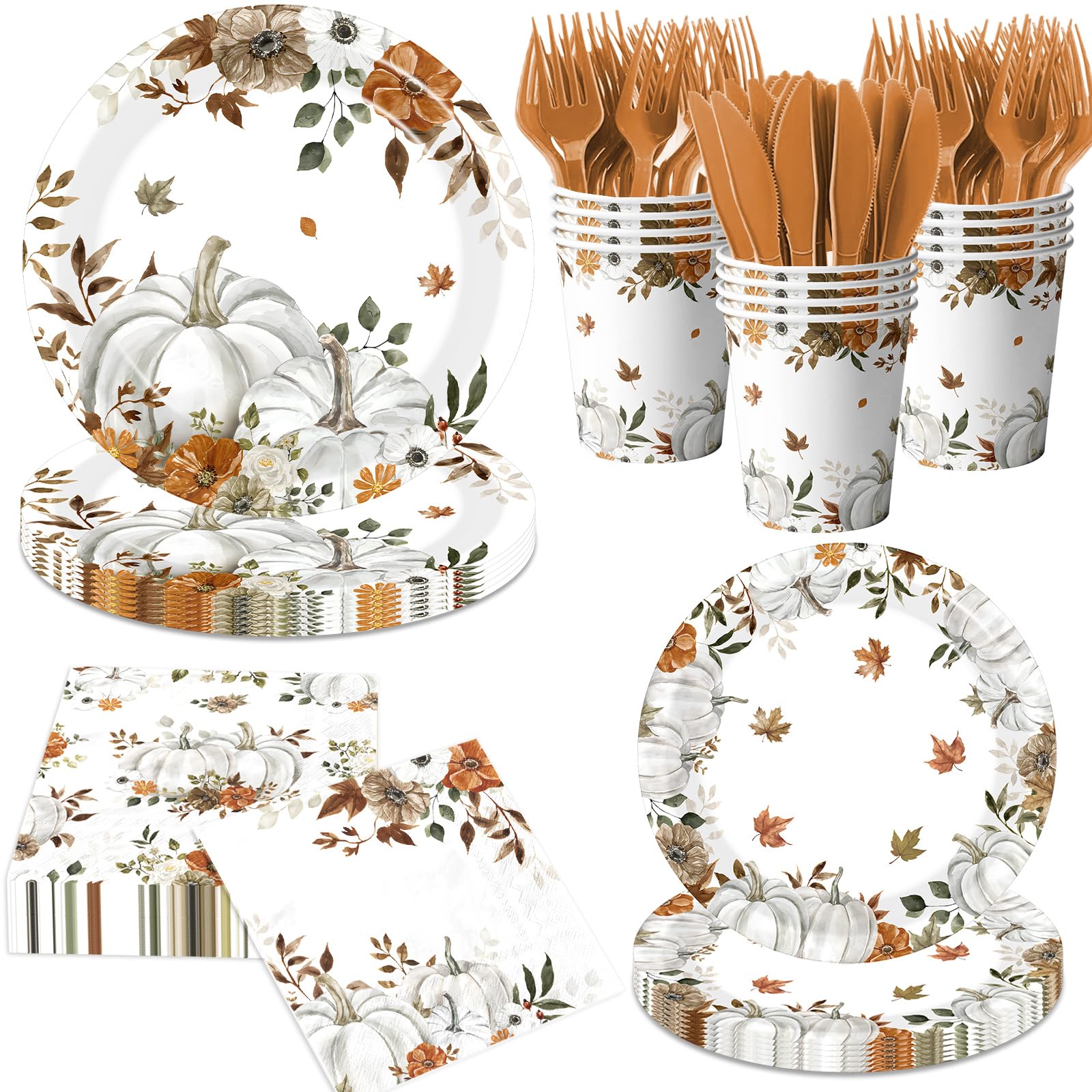 24 Sets Fall Paper Plates and Napkins,Little Pumpkin Baby Shower Decorations,Autumn-Themed Disposable Tableware for Thanksgiving