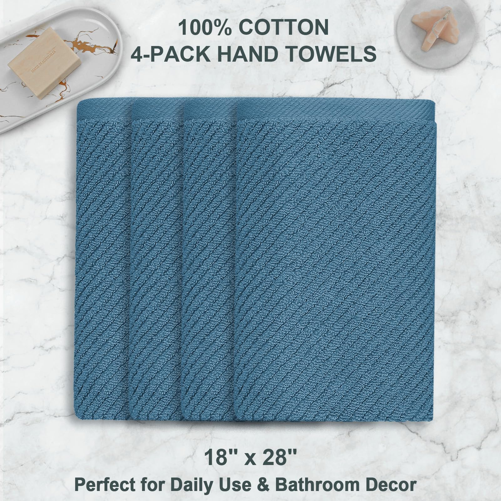 Voova & Movas Hand Towels For Bathroom Set Of 4, Large 18'' X 28'', 100% Cotton | Lightweight | Thick | Quick Dry | Soft | Absor