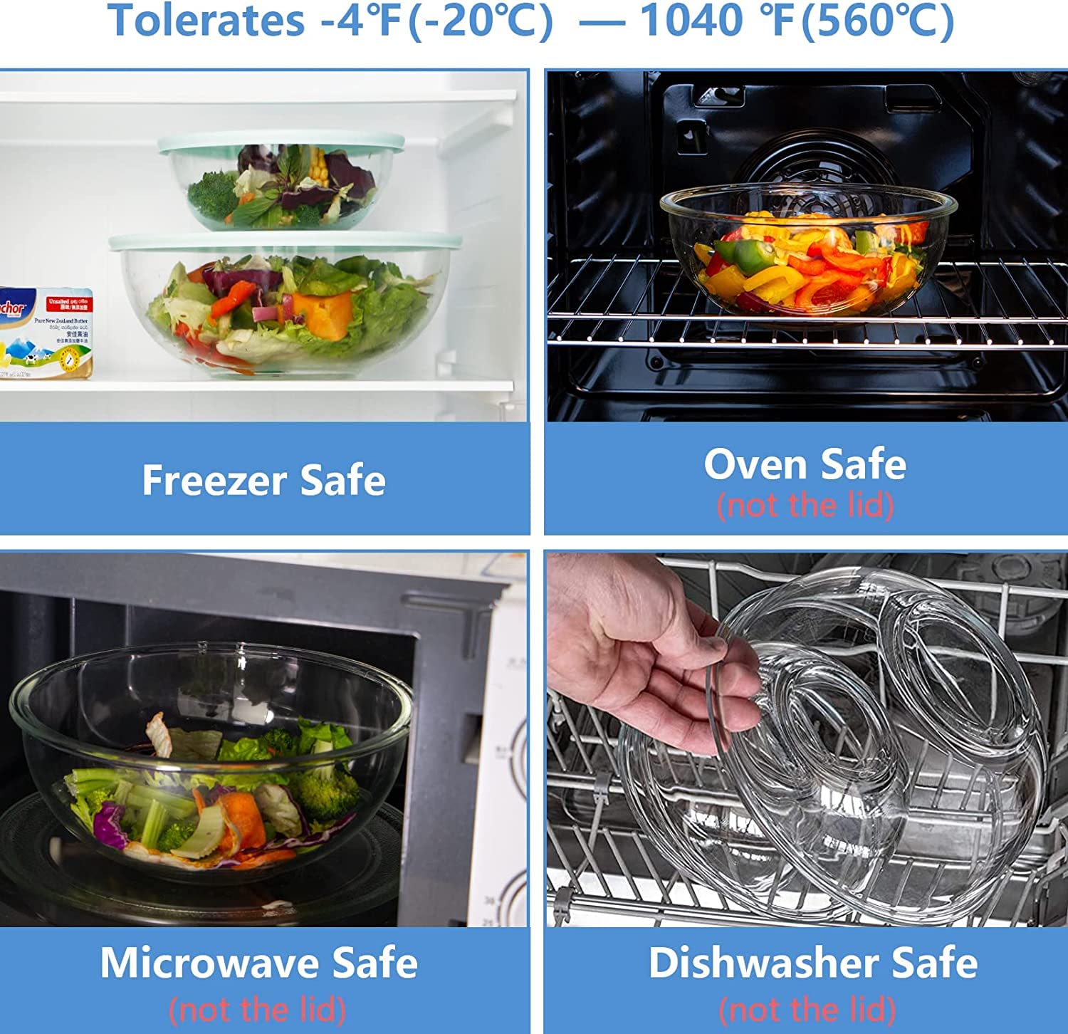 Luvan Borosilicate Clear Glass Mixing Bowls with Lids Set of 4 (0.53qt  1.1qt  2.1qt  3.7qt)  Space Saving Nesting Bowls Large Kitchen Salad Bowls for Meal Preping Baking Mixing Dishwasher Safe