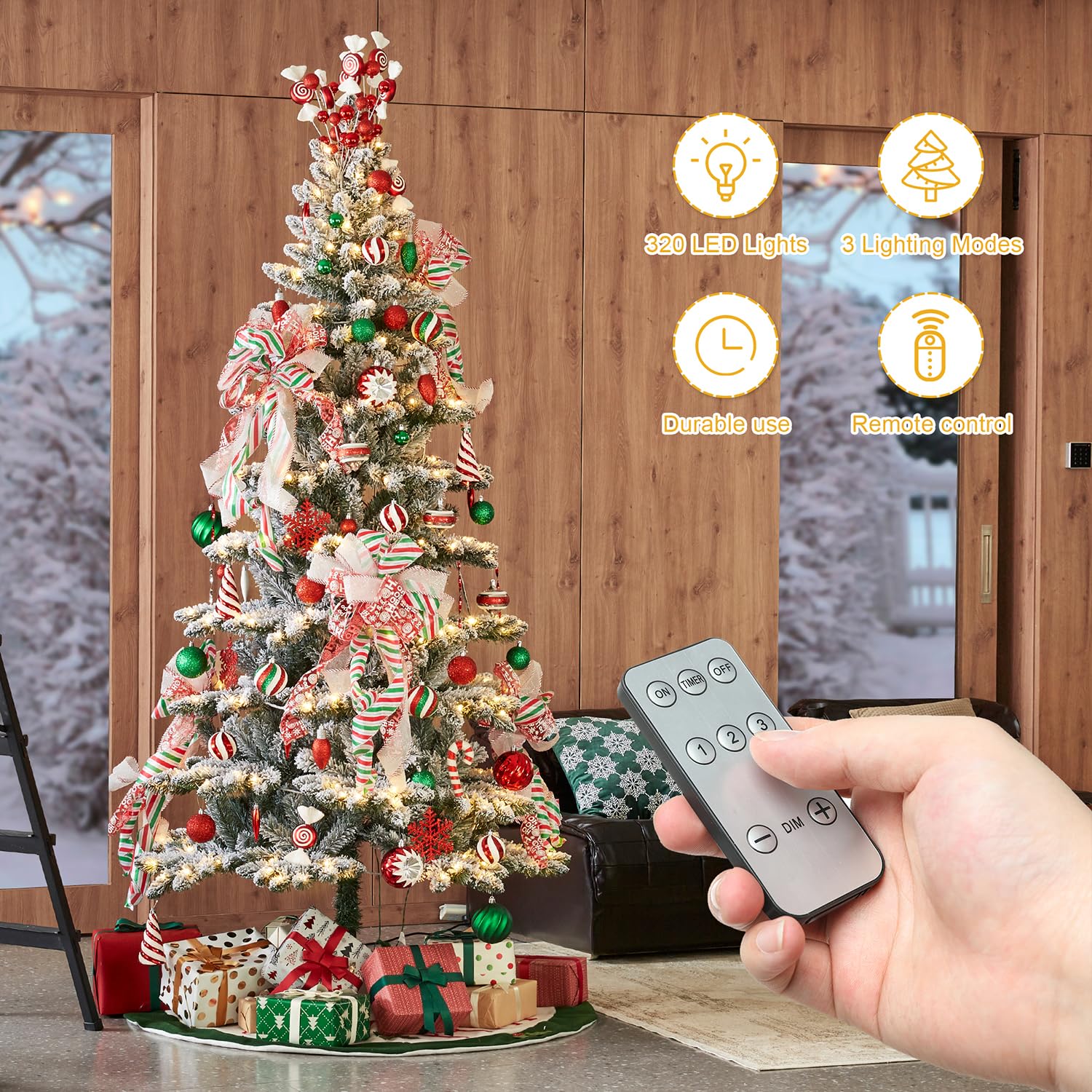 Glitzhome 9ft Pre-Lit Flocked Slim Artificial Christmas Tree Frostwood Spruce with 460 Warm White Lights and Sturdy Metal Stand