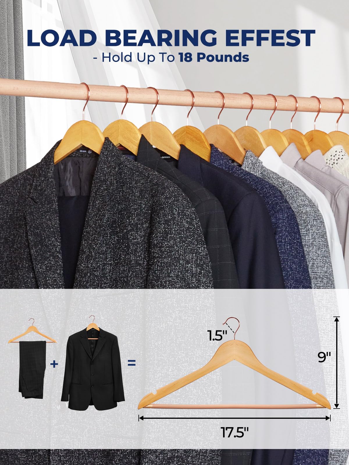 Smartor Wooden Hangers 20 Pack  Durable Coat Hanger Wood Hangers with Bar  Premium Suit Hangers for Men Women - Heavy Duty Hangers Pants Hanger Set with 360? Rose Gold Rotatable Hook  Natural