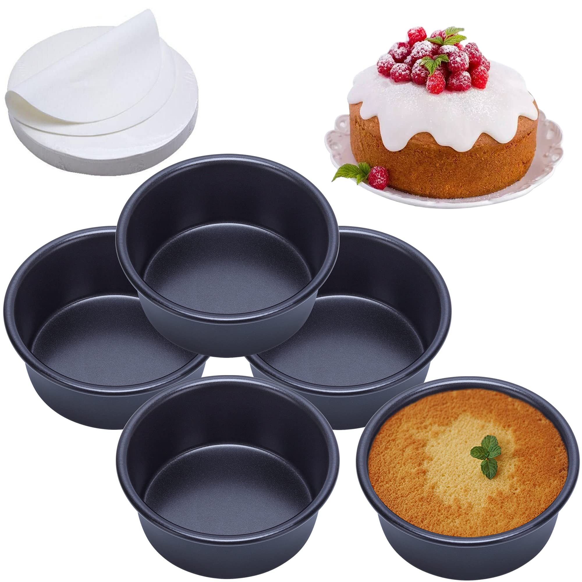 4 Inch Cake Pan Set Of 5, Nonstick Round Cake Pans With 100 Pieces Parchment Paper, Baking Pan For Mini Cake Pizza Cheesecake, N