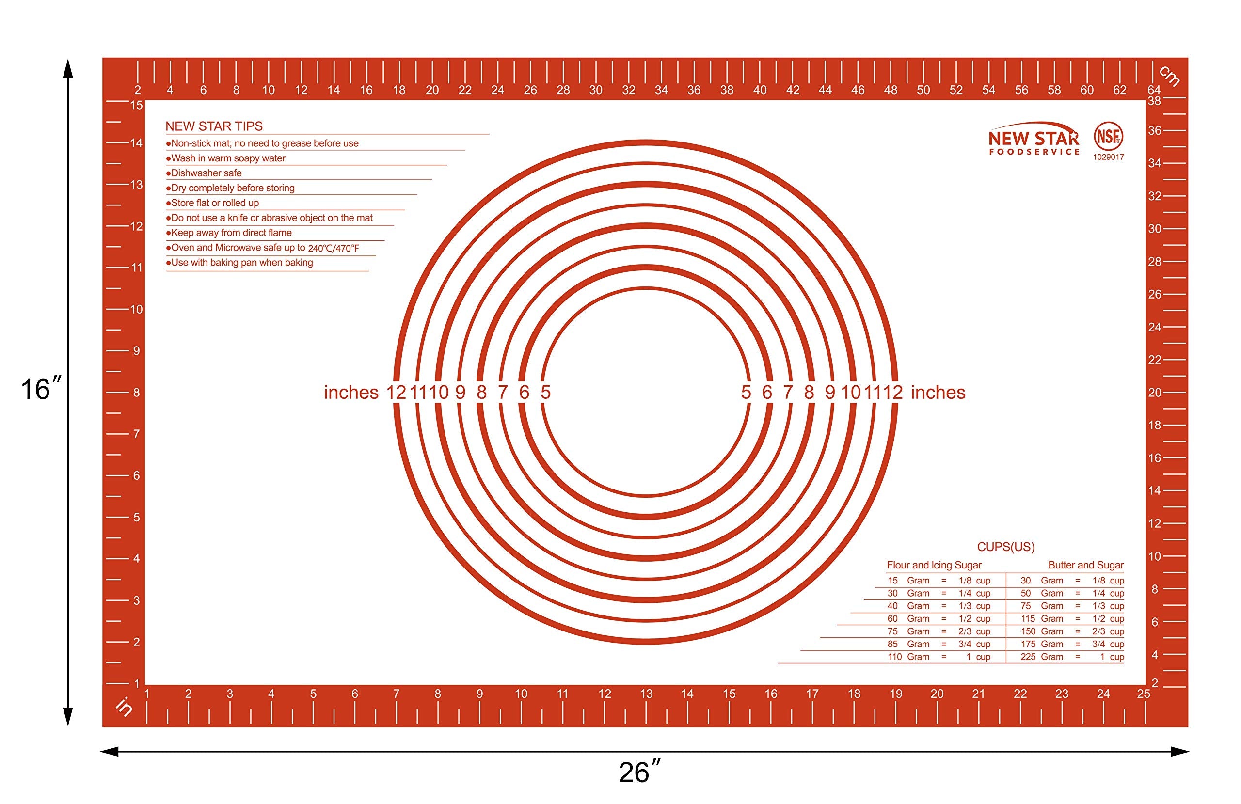 New Star 1029017 Non-Slip Silicone Pastry Mat, Extra Large With Measurements, 16X26'', Nsf International Certified