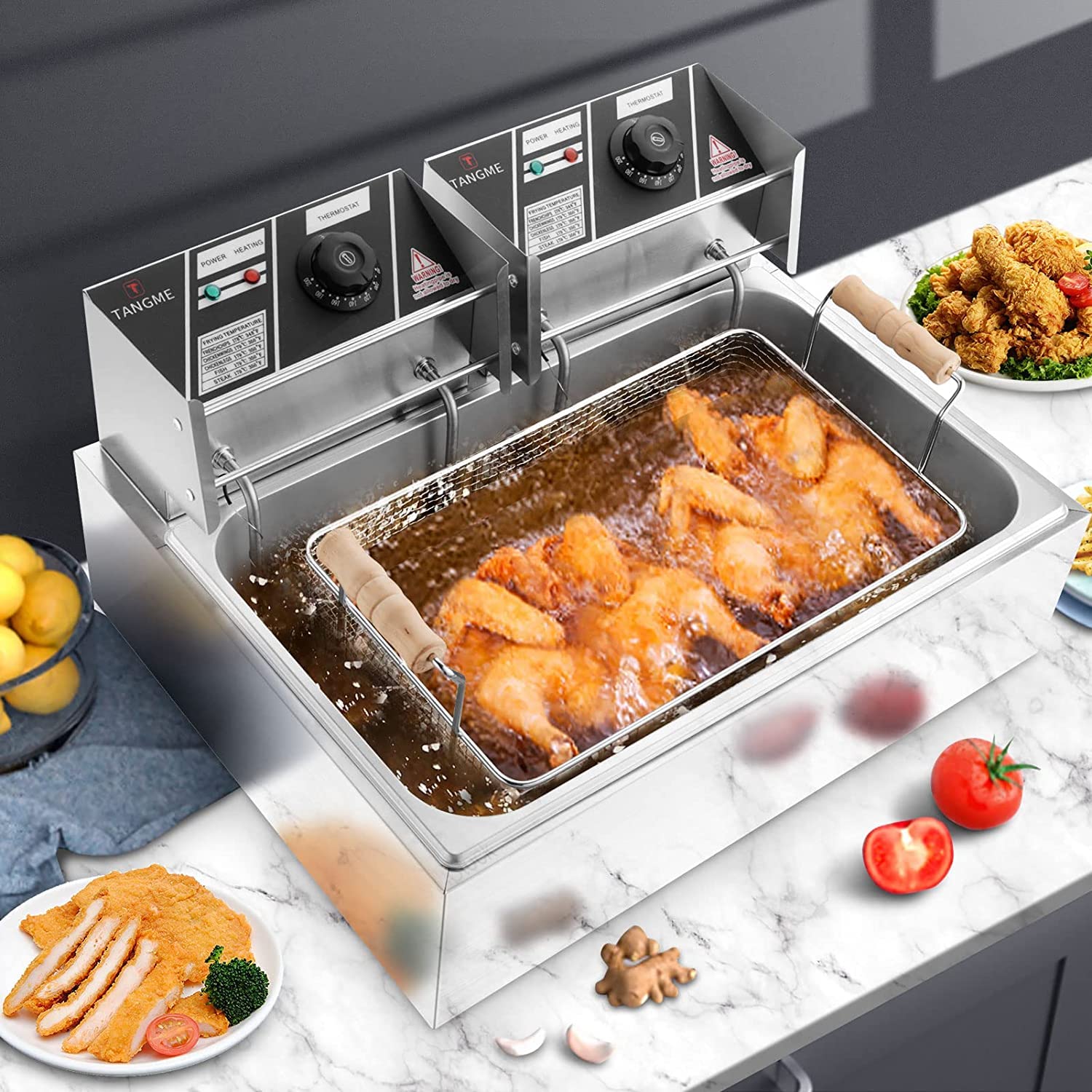 Tangme Commercial Deep Fryer, 3400W Electric Turkey Fryer With 3-Baskets, 22L/23.25Qt 1Mm Thickened Stainless Steel Countertop S