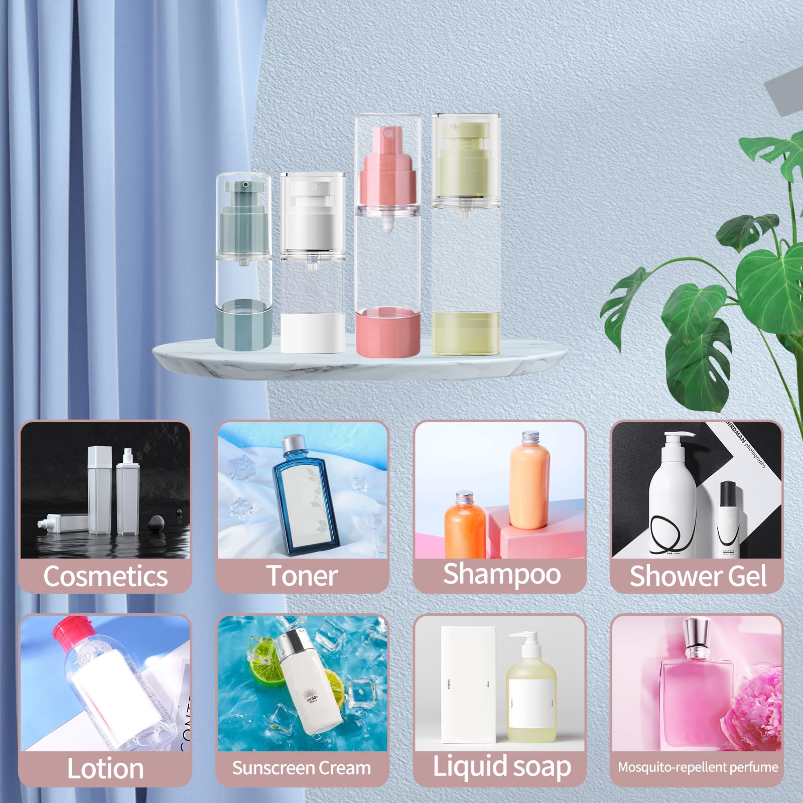 Sylavilla 4-Pack Travel Bottles For Toiletry, Portable Refillable Sa/Pp Plastic Vacuum Cosmetic Containers