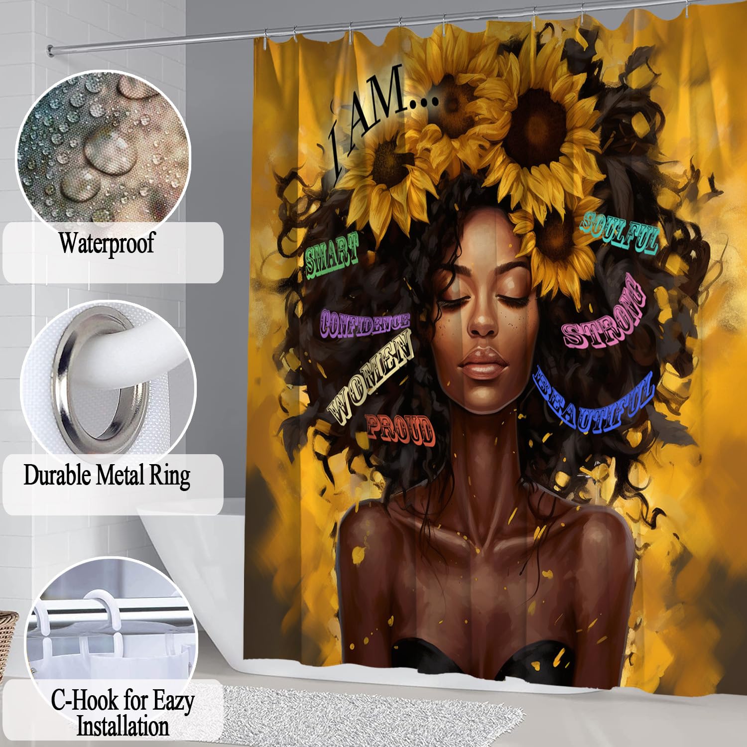 4 Pcs Sunflower Black Girl Shower Curtain Sets, Inspirational Words African Queen Bathroom Sets With Shower Curtain And Rugs Toi