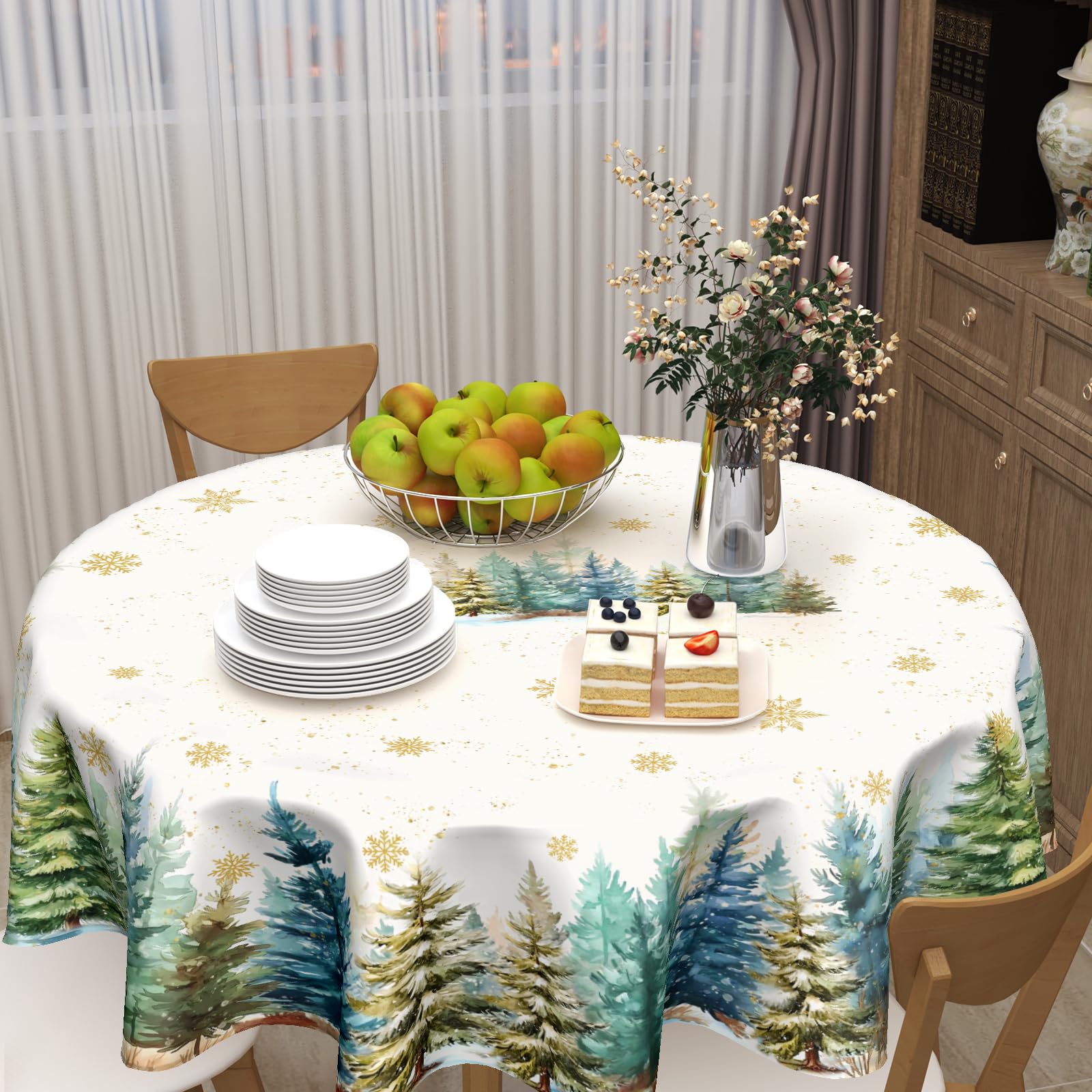 ABSOP Christmas Round Tablecloth 60 Inch Xmas Tree and Snowflake Pattern White Table Cloth Circle Winter Holiday Table Cover Was