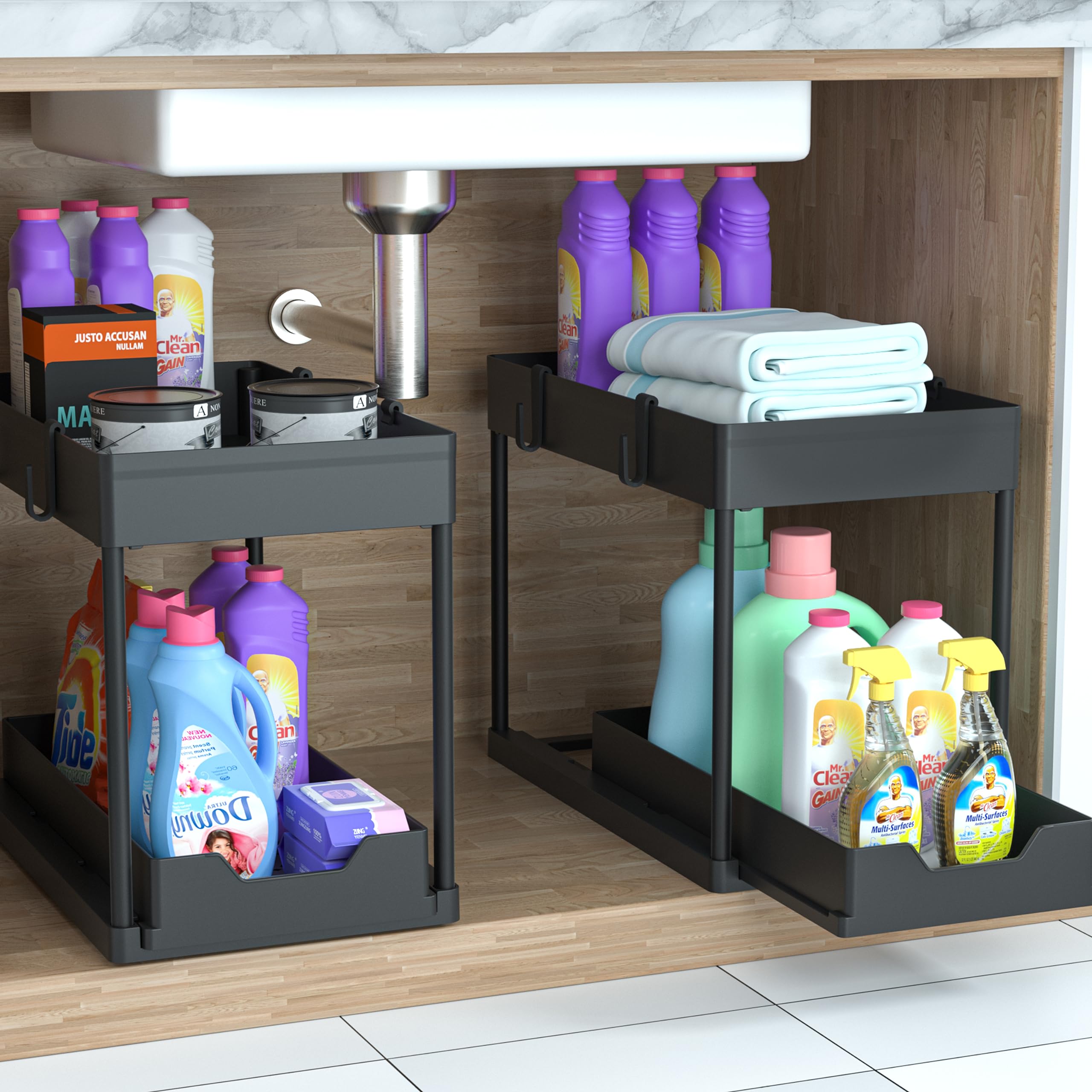 Petisal Under Sink Organizer -2 Pack|Pull Out Bathroom Organizer|2 Tier Slide Out Bathroom/Kitchen Organiers And Storage. (2 Pac