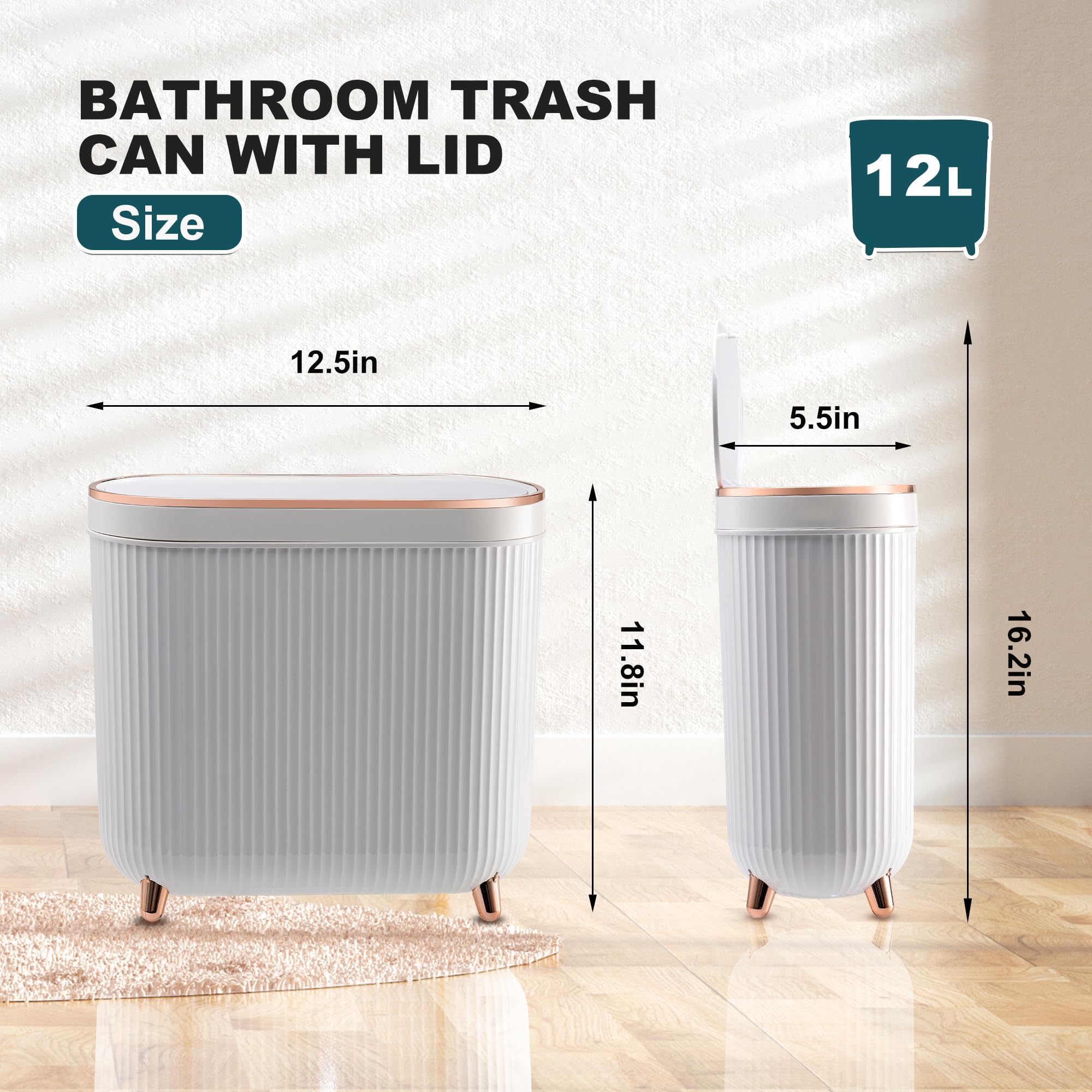 Supteron Bathroom Trash Can With Lid 3.2 Gallon Narrow Trash Can Small Plastic Trash Bin 12 Liter Rectangular Plastic Garbage Ca