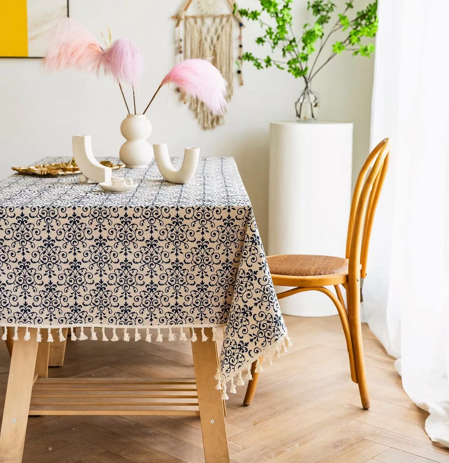 Yuurain Vuvu Blue And White Porcelain Pattern Cotton Linen Fabric, Stitching Tassel Rectangle Tablecloth For Kitchen | Dining |