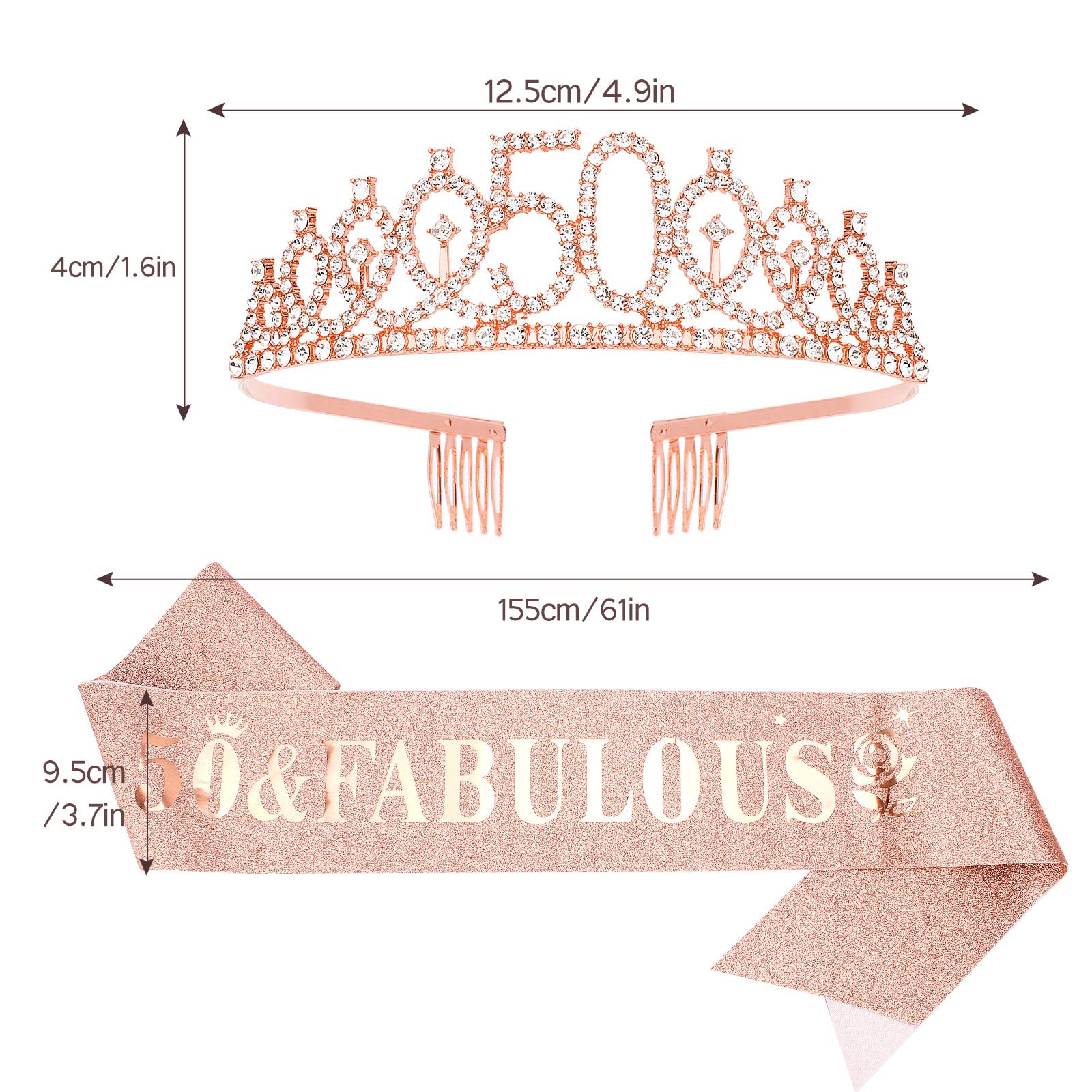 50Th Birthday Sash And Tiara For Women, Rose Gold Crown ''50 And Fabulous'' Sash & Crown Set, 50Th Birthday Gifts For Women, 50T