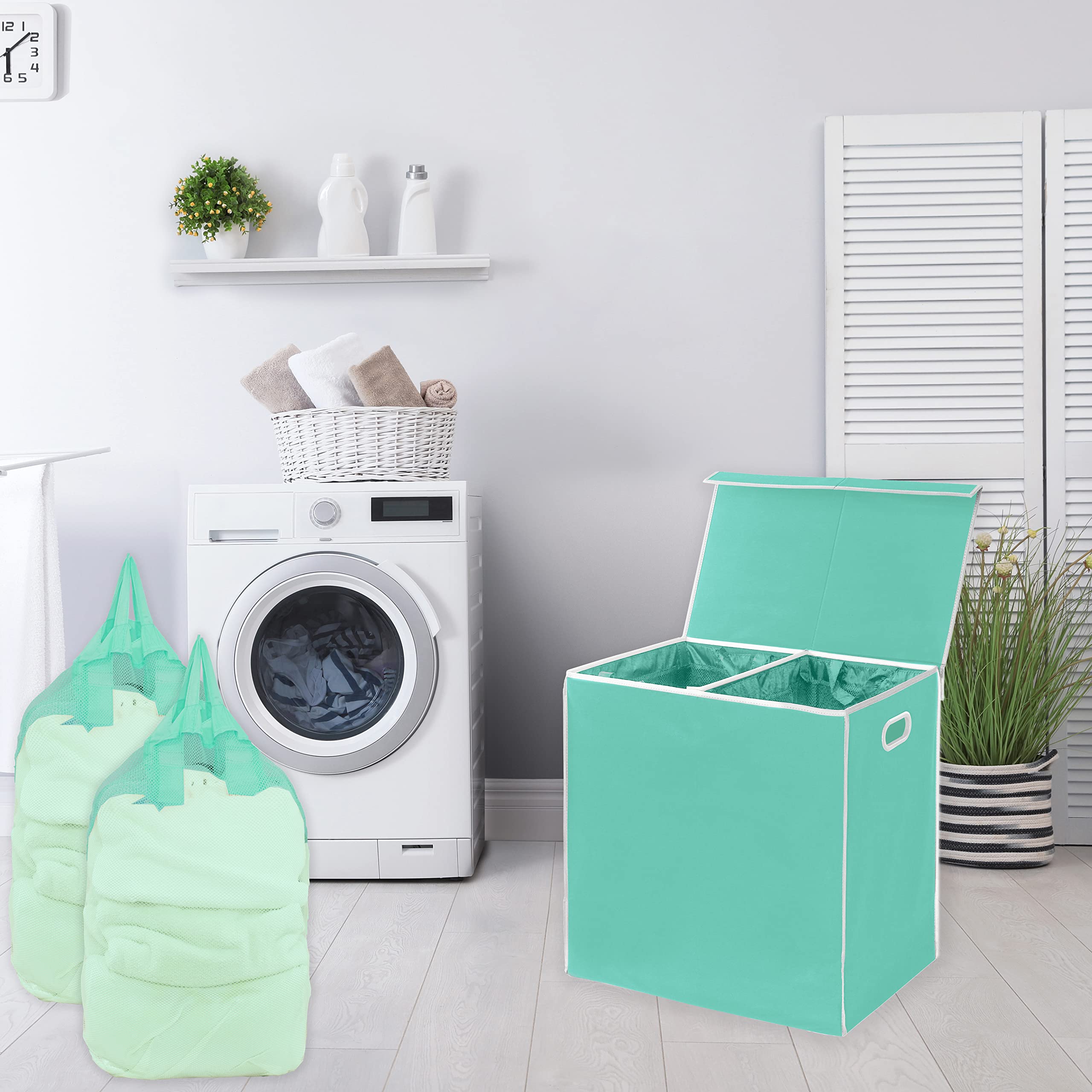Simple Houseware Double Laundry Hamper With Lid And Removable Bags, Turquoise