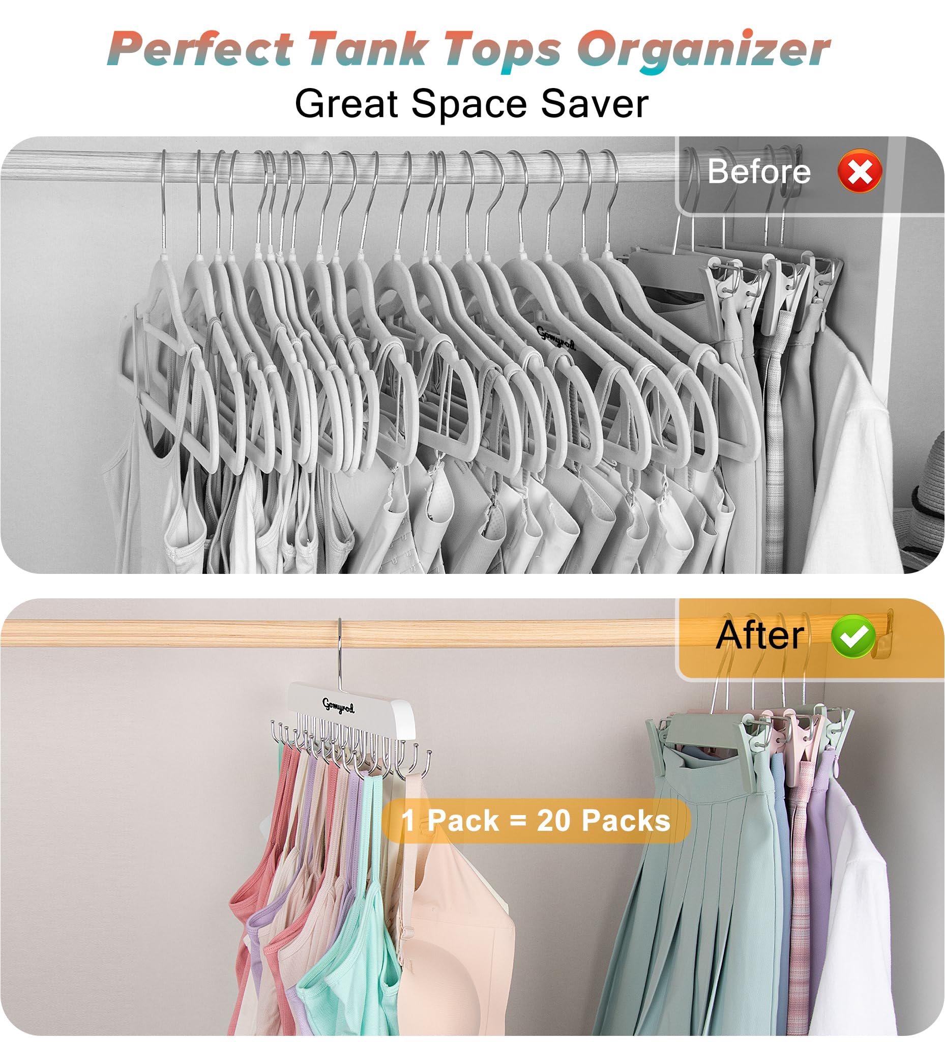 Bra Hanger For Closet, 1 Pack Tank Top Hanger W/20 Hooks Capacity Foldable Wood Space Saving Hangers, 360Rotating Closet Organiz