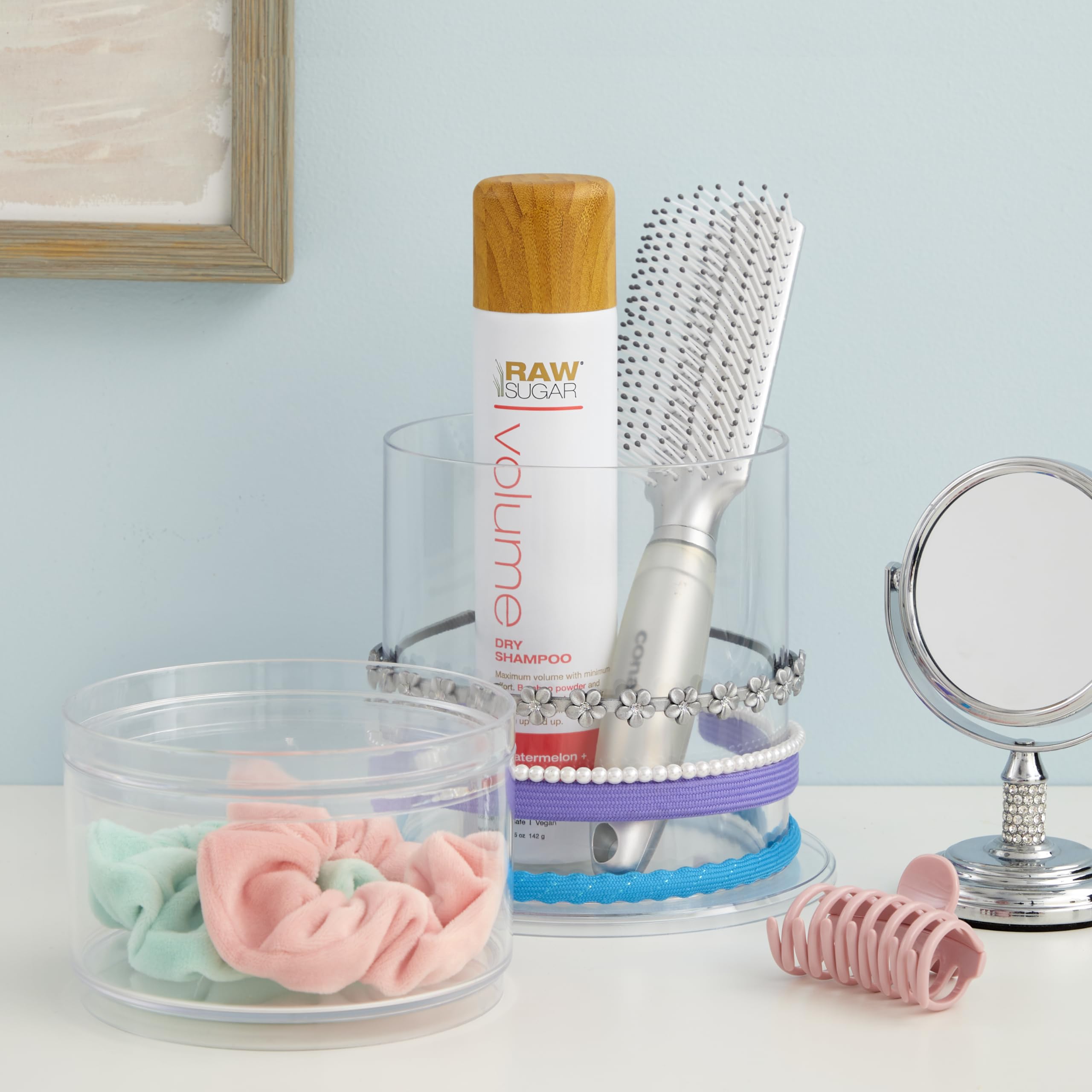 Stori Bella Stackable Clear Plastic Hair Accessory Organizer Set | Round Headband And Hairbrush Holder Stacks On The Storage Con