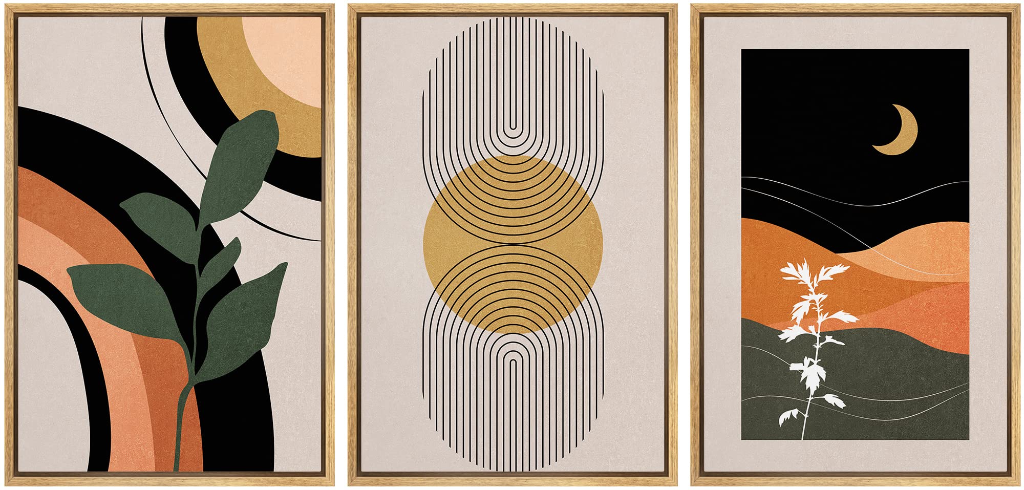 Idea4Wall Framed Canvas Print Wall Art Set Mid-Century Geometric Plant Polygon Landscape Abstract Shapes Illustrations Minimalis