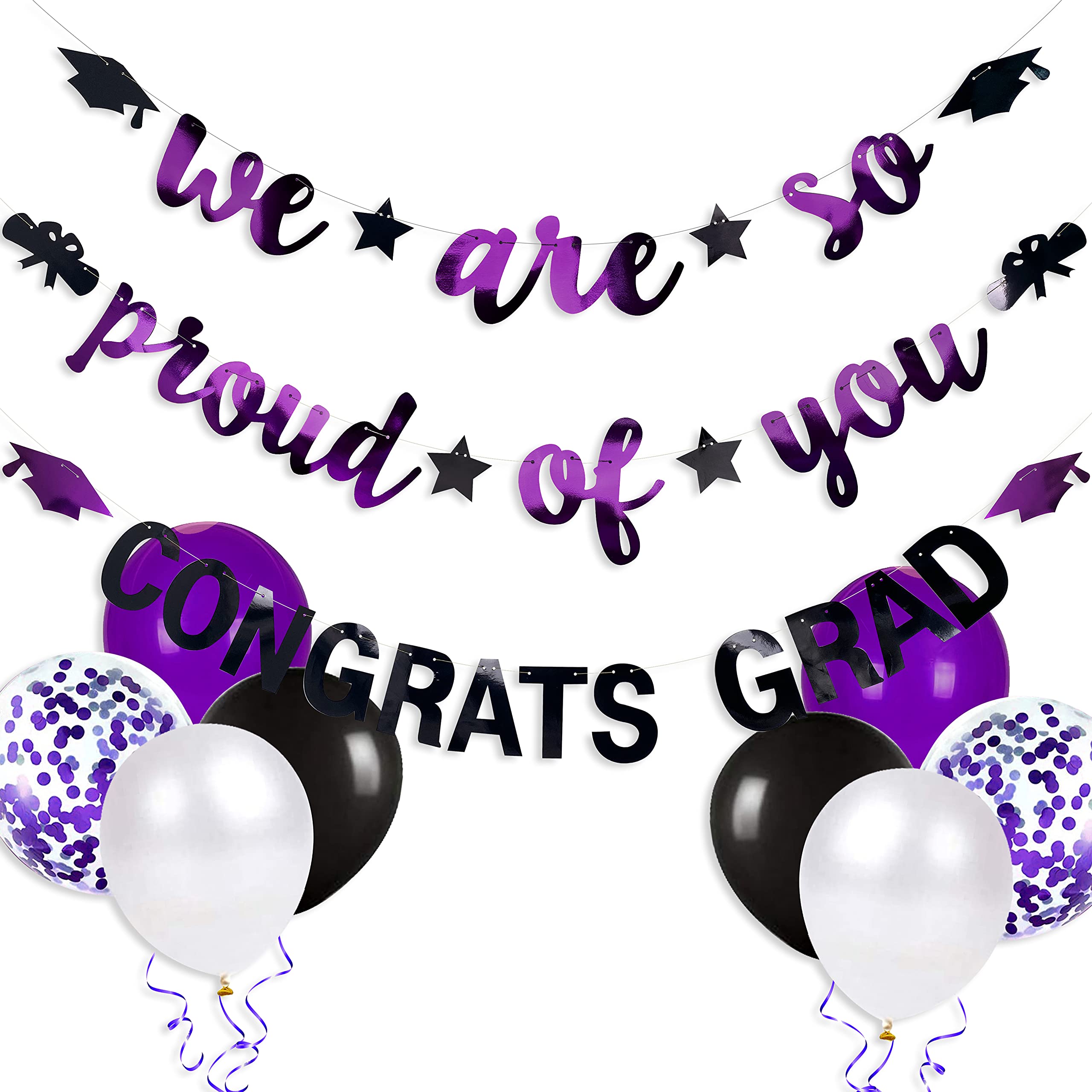 Purple Black 2024 Graduation Party Decorations We Are So Proud Of You Congrats Grad Graduation Banner Graduation Cap Diploma Sta