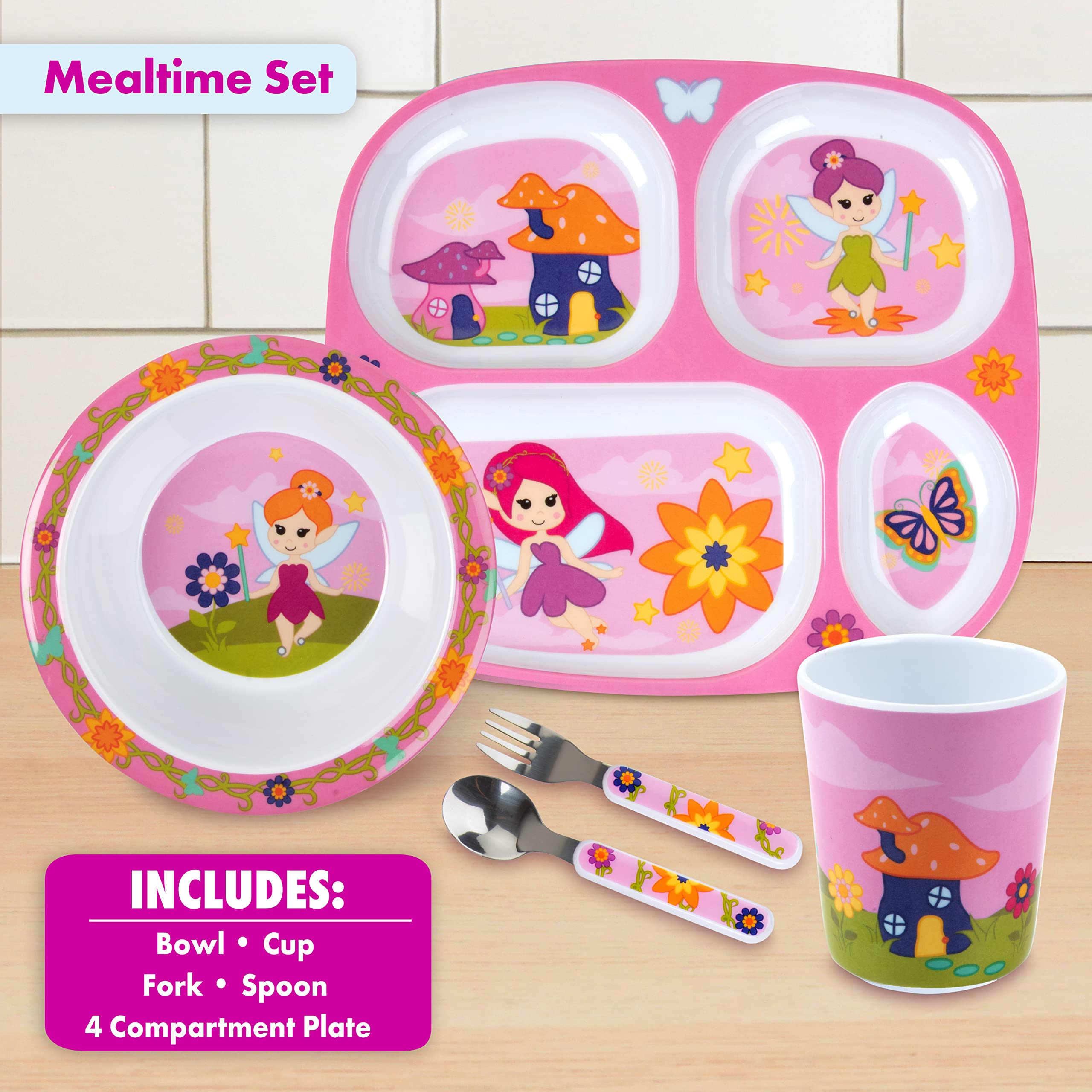 Bentology 5-Piece Construction Theme Mealtime Set - Includes Plate, Bowl, Utensils, and Glass - Dishwasher Safe, BPA Free, Cute