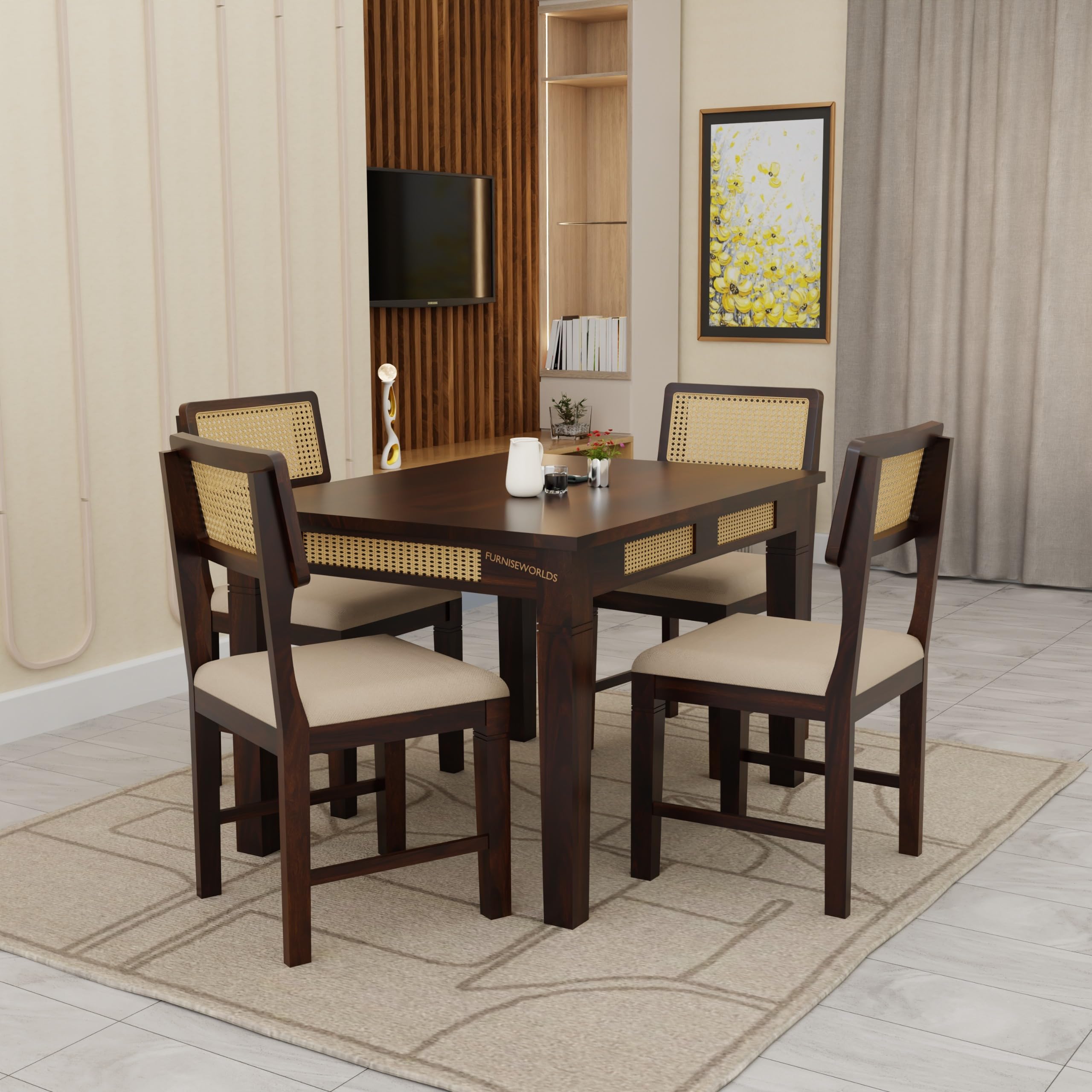 Furniseworlds Solid Sheesham Wood 4 Seater Dining Table Set For Home And Kitchen